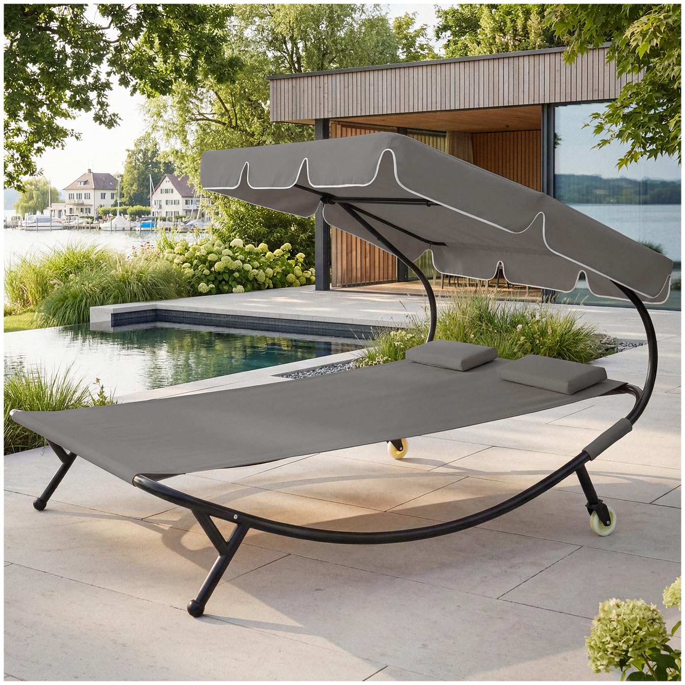 tectake Sonnenliege, Doppelliege, Outdoor Liege für 2 Personen, Gartenliege mit Sonnendach, Relaxliege, Sonnenliege mit Dach, inkl. 2 Kissen, ideal für Garten oder Balkon - schwarz/grau