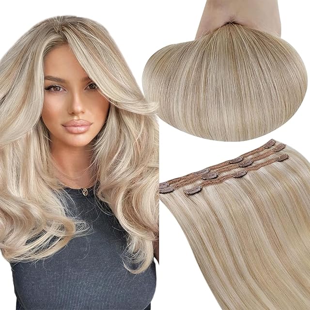 RUNATURE Real Human Hair Clip in Extensions Ash Blonde Mix Bleach Blonde Human Hair Clip in Extensions Double Weft Clip on Remy Hair Extensions 12 Inch 50 Gram 3Pieces