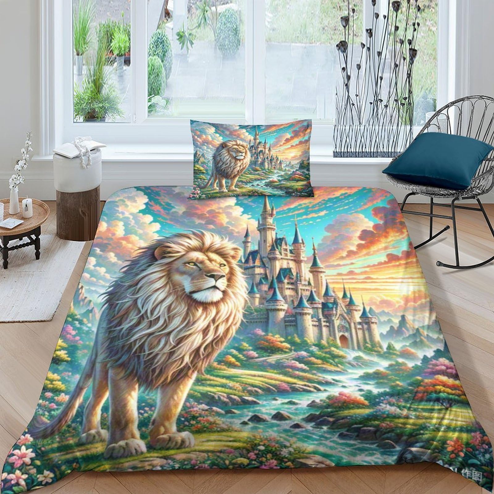 Housse de couette lion 3D microfibre douce zippée pour lit simple enfant et adolescent