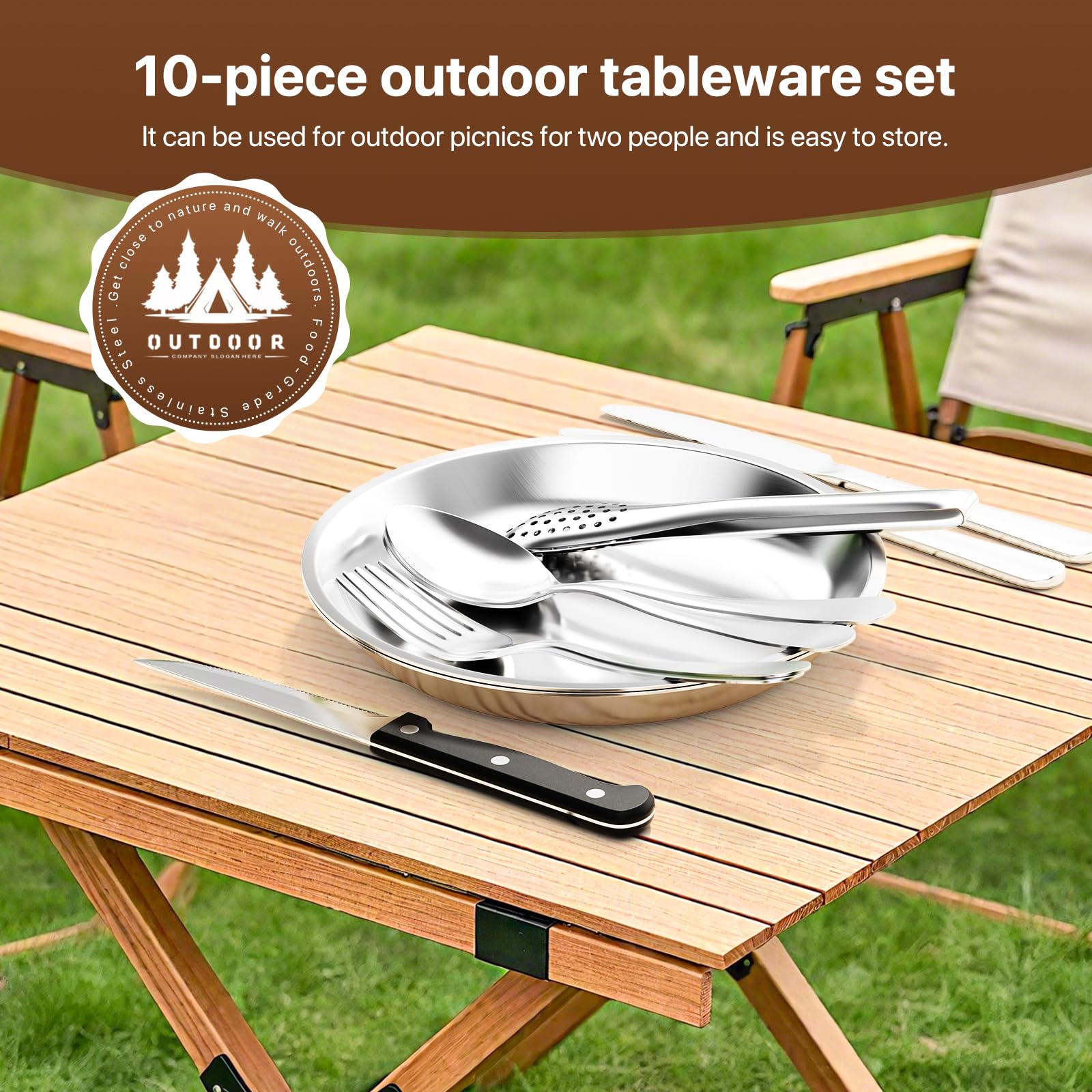 Camping Geschirr Set 2 Personen, 10-teiliges Edelstahl Camping Besteck Set mit Aufbewahrungstasche, Tragbares Outdoor Picknick Geschirr für Camping, Wandern, Grillen, Reisen & Strand Sport & Freizeit