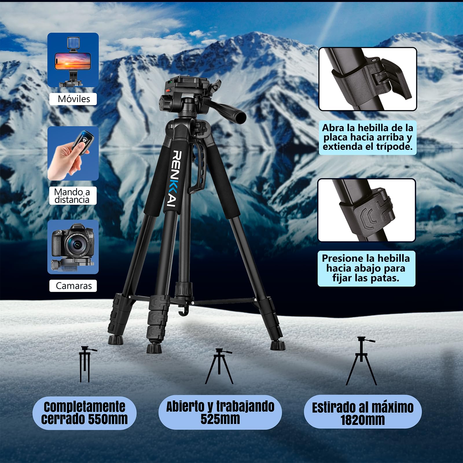182CM | Tripode Camara | Super Estable | tripode para movil | Tripode con Columna Transversal | Tripod | Soporte para telefono + Mando para Fotos + Bolsa de Transporte INCLUIDOS |hasta 3kg