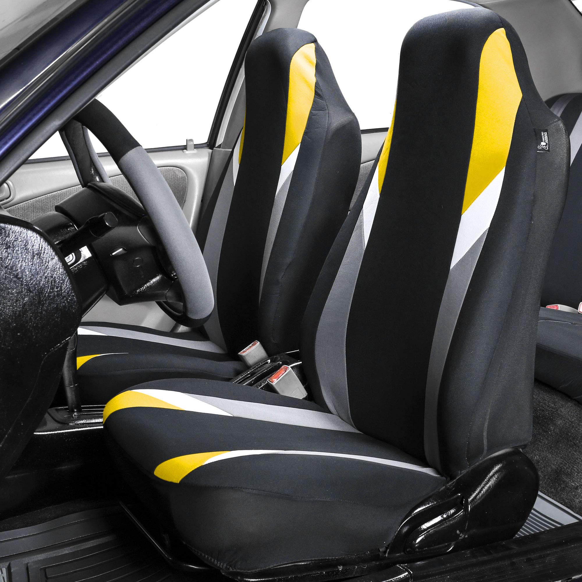 FH Group Supreme Modernistic Airbag Compatible Universal Fit Yellow Black Car Seat Covers Combo Car Seat Cover Design Split Bench Rear Car Seat Cover for SUV, Sedan Full 1-Piece Front Set Seat Cover