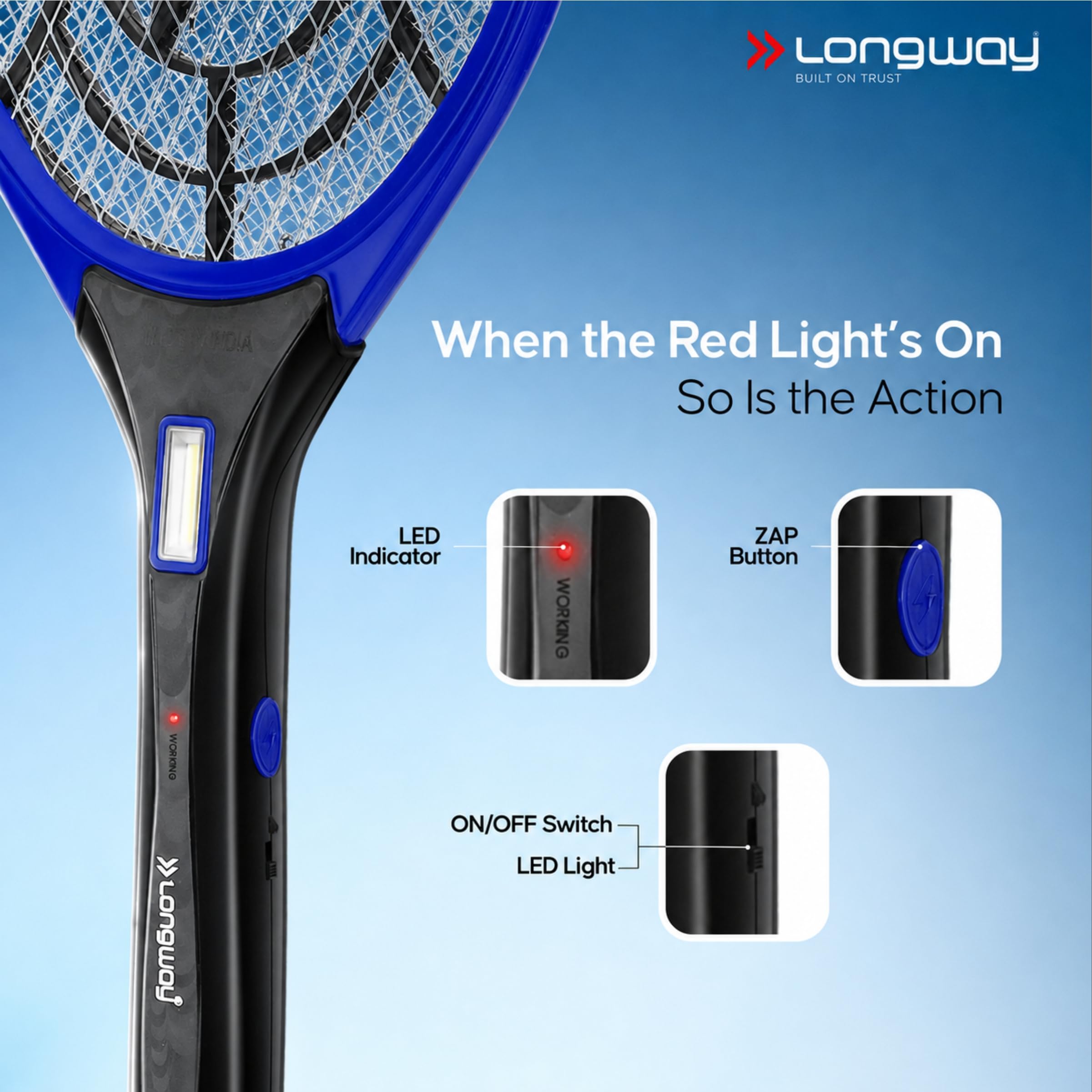 Longway Zappy Rechargeable Mosquito Killer Racket Built in COB Light | 3500V DC Voltage on The Net Mesh| Mosquito Bat | 1 Month Stand by 500mah Long Lasting Internal Battery (Blue) 2