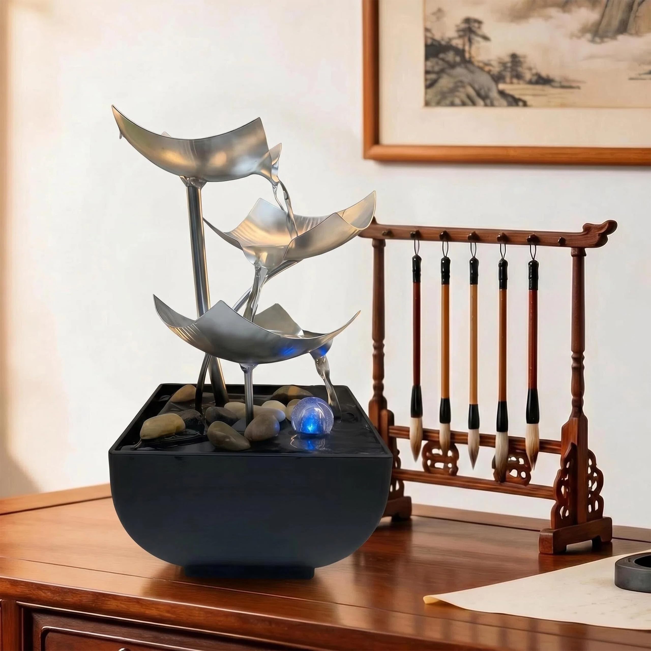 Fontana da interni | Moderna decorazione zen con pompa silenziosa, moderna decorazione da tavolo zen (argento)