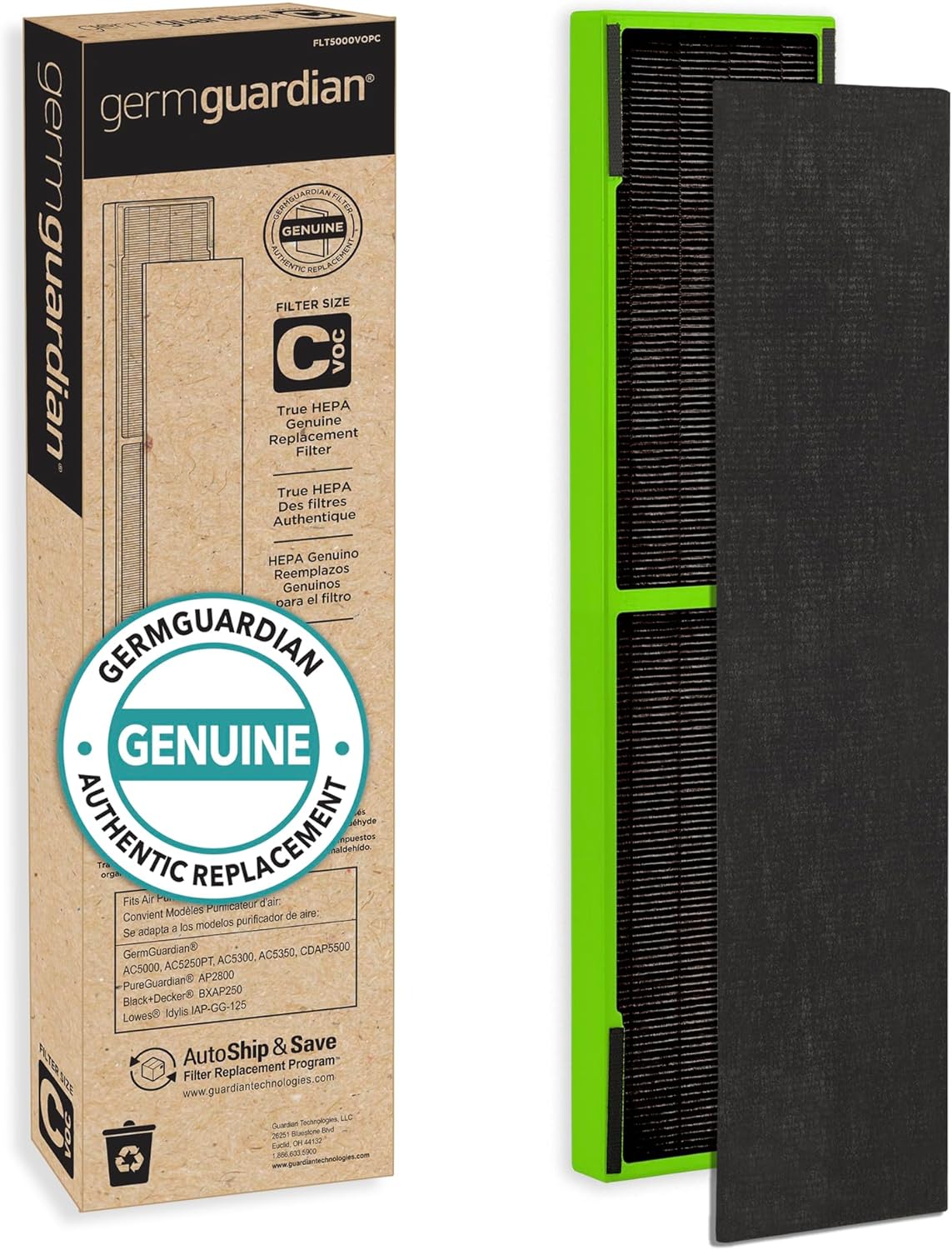 GermGuardian Filter C Toxin Clear HEPA Genuine Replacement Filter, Removes 99.97% of Pollutants, Common VOCs, Household Toxins, for AC5000, AC5250, AC5300, AC5350, CDAP5500, Black/Green, FLT5000VO