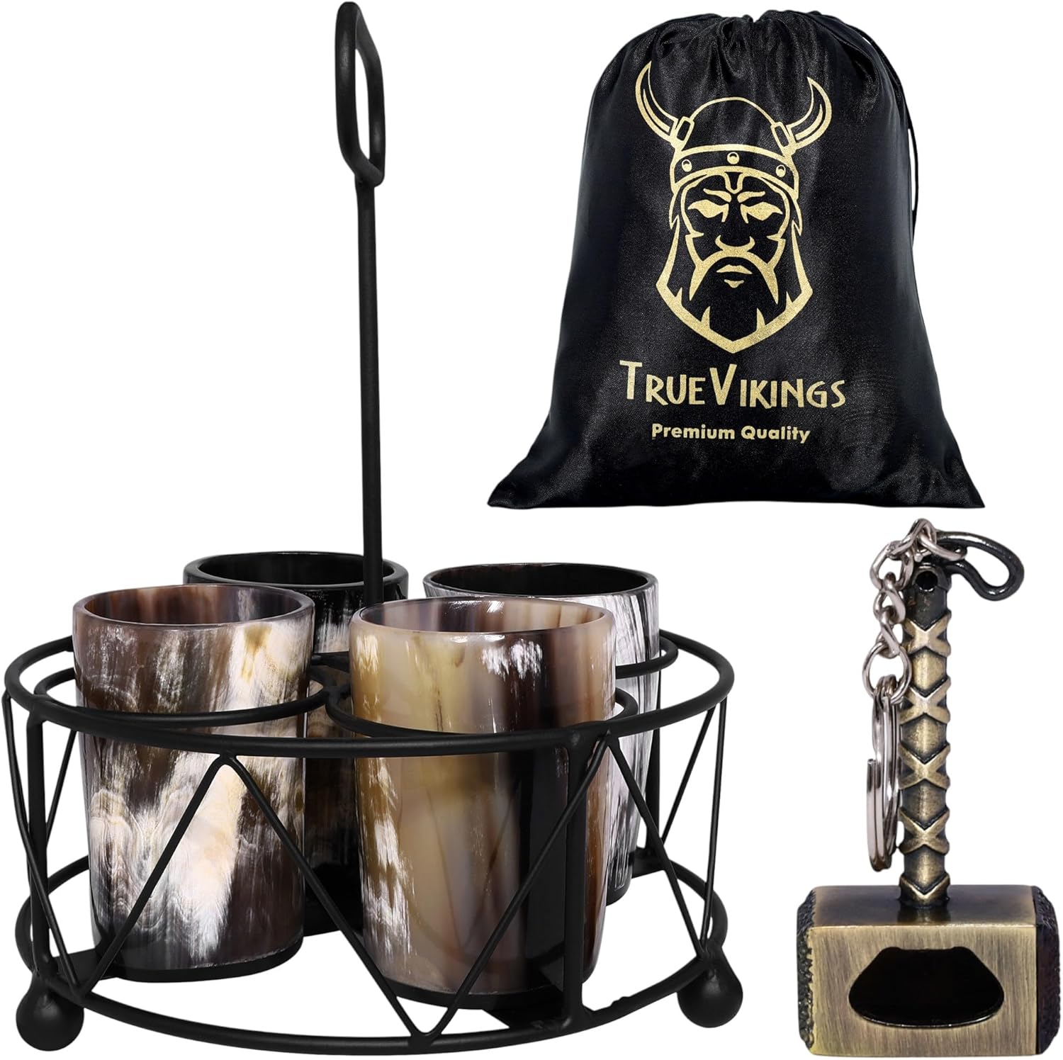 Drinking Horn Cup Set of 4 – Unique Viking Gifts for Men, Dad, Husband – Natural Ox Horn Shot Glasses with Thor Bottle Opener & Metal Caddy – Leak-Proof – For Beer, Ale, Mead (5 oz/Glass)