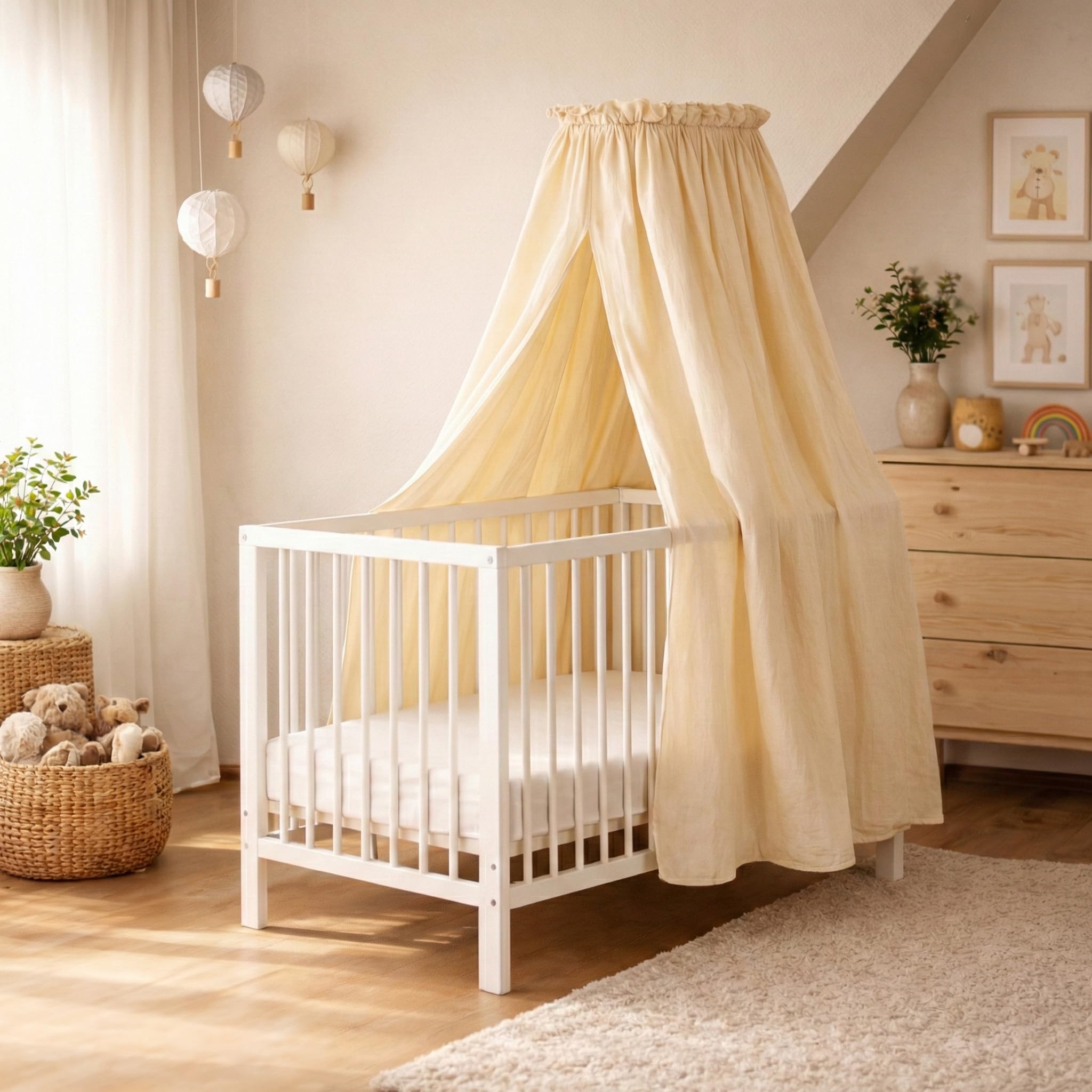 Betthimmel Babybett Set - Musselin Stoff mit montierter Himmelstange - Baldachin für Babybett zum Anklemmen - Himmelbett Vorhang & Kinderzimmer Deko in Creme oder Hellgrau (130 cm)