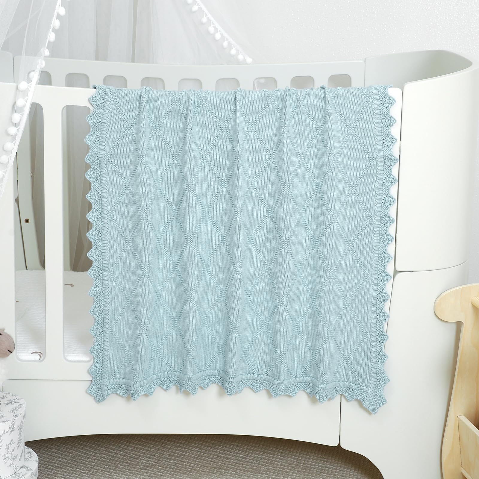 mimixiong Baby Blanket 100% Cotton Knitted Soft Knit Crochet Blankets for Newborn Boy Girls Toddler 100x80cm (Light Blue) - Image 3