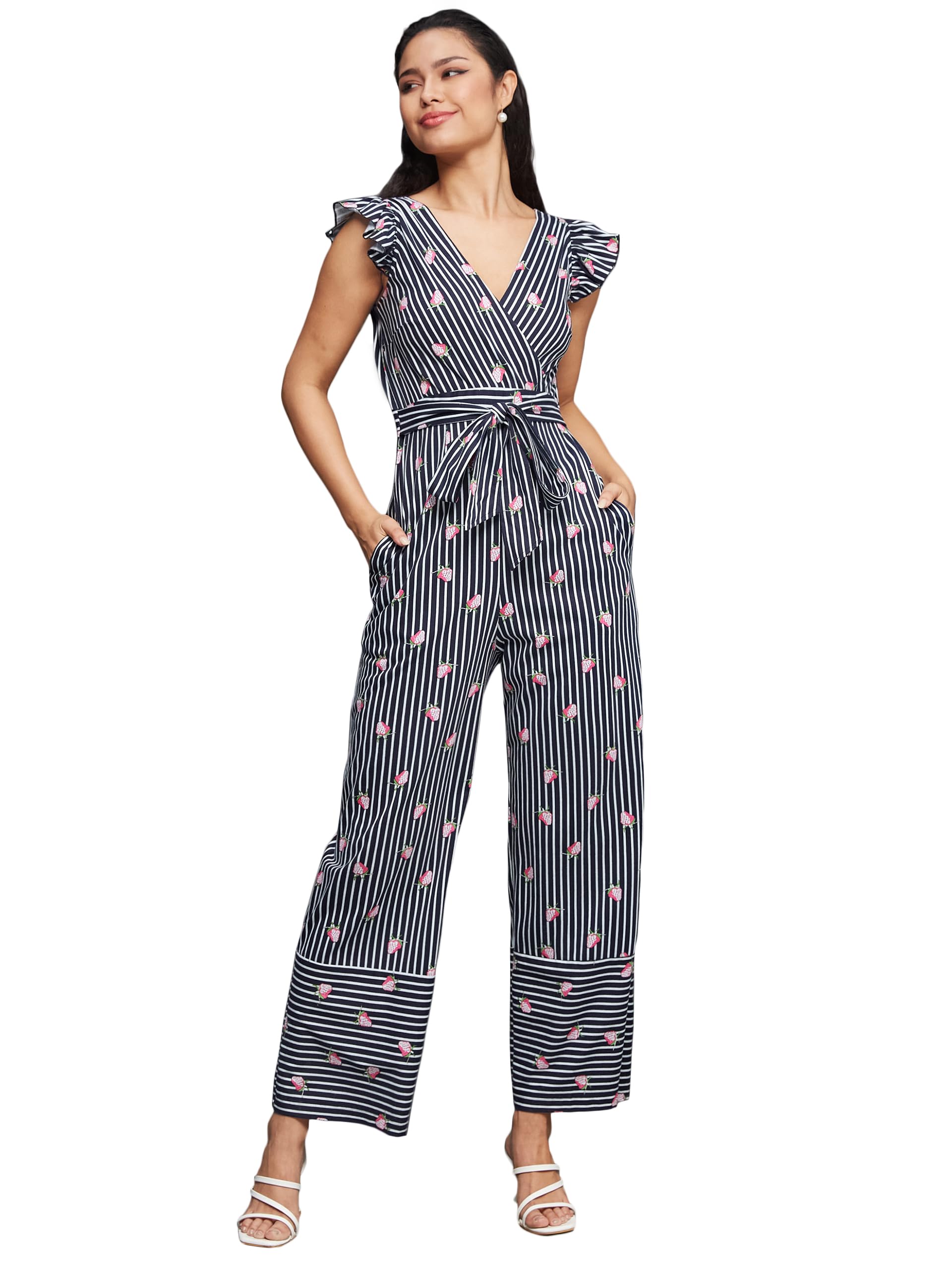 miss chase Women's V-Neck Cap Sleeve Striped Waist Tie-Up Pure Cotton Regular Length Jumpsuit with Pockets-picture-35