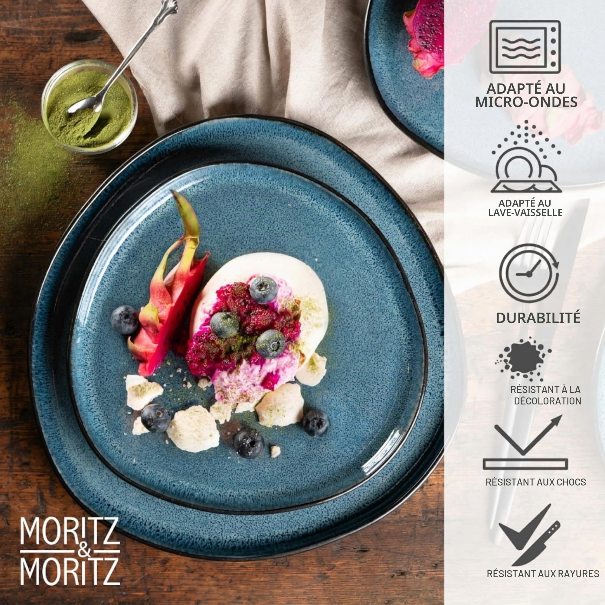 Moritz & Moritz ORGANIC Service de vaisselle 18 pièces 6 personnes Bleu - Élégant set de vaisselle en grès de haute qualité - Service de vaisselle 6 personnes avec 6 assiettes à dîner, 6 assiettes à