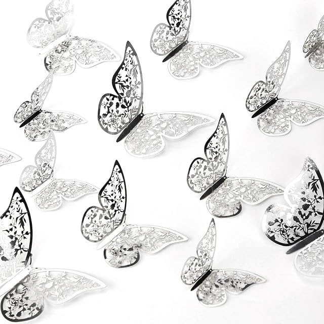 AIEX 24pcs 3D Butterfly Wall Stickers 3 Sizes Butterfly Wall Decals Room (Silver)