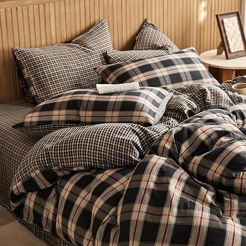 Miniatura 4 de EAVD - Ropa de cama con funda de edredón de estilo modernobohemio, 100% algodón lavado, tamaño king, reversible, beige liso, con 2 fundas de