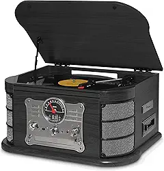 Vitrola Raveo Spazio Ebony com Toca-discos de 3 velocidades, Rádio FM, CD e Cassete players, USB e SD (reproduzem e gravam), entrada e saída auxiliares e tecnologia de conexão Bluetooth.