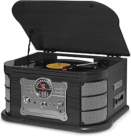Vitrola Raveo Spazio Ebony com Toca-discos de 3 velocidades, Rádio FM, CD e Cassete players, USB e SD (reproduzem e gravam), entrada e saída auxiliares e tecnologia de conexão Bluetooth.