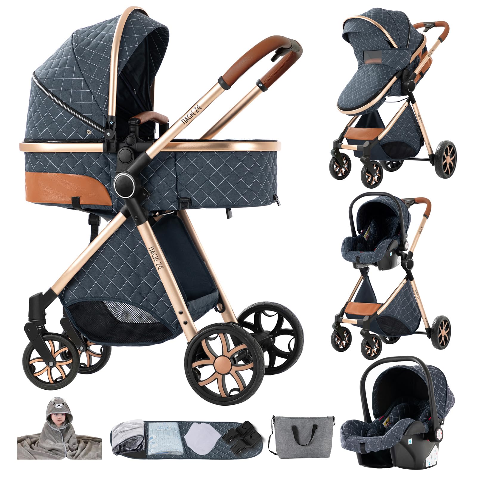 Carrito Bebe 3 en 1, Carrito Bebe con Diseño Portátil Plegable de Un Clic, Carro 3 Piezas Empuje Reversible de Dos Vías, Cochecito Tres Piezas con Accesorios (YV9 Blue)