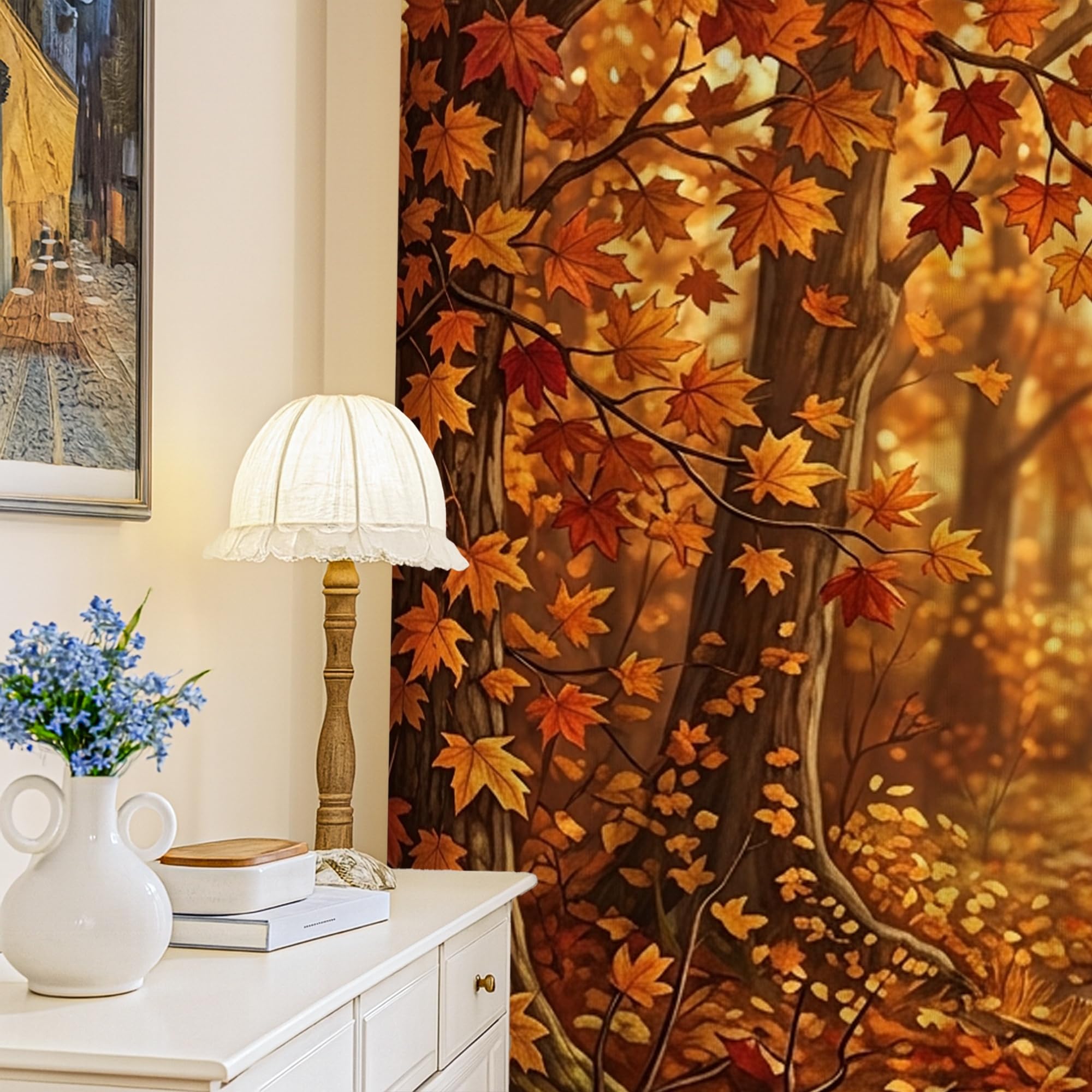 Rideaux occultants avec feuilles et allée d'automne orange 132 x 213 cm