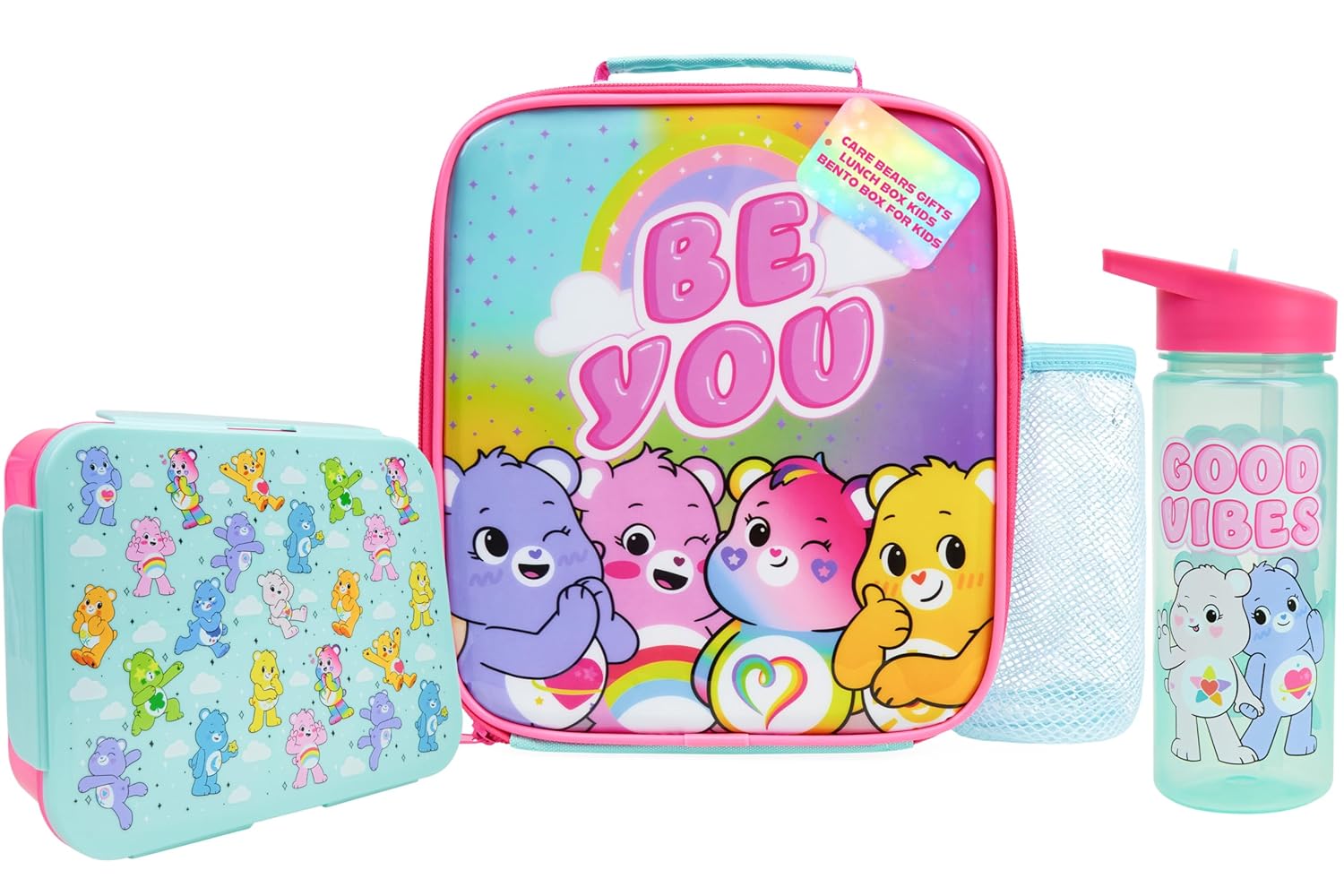 Get Trend Care Bears Lunch Bag, Lunch Box, Water Bottle for Kids 3 Piece Set Bento Box, Insulated Snack Container, Meal Holder Gifts for Kids (Multi Care Bears)
