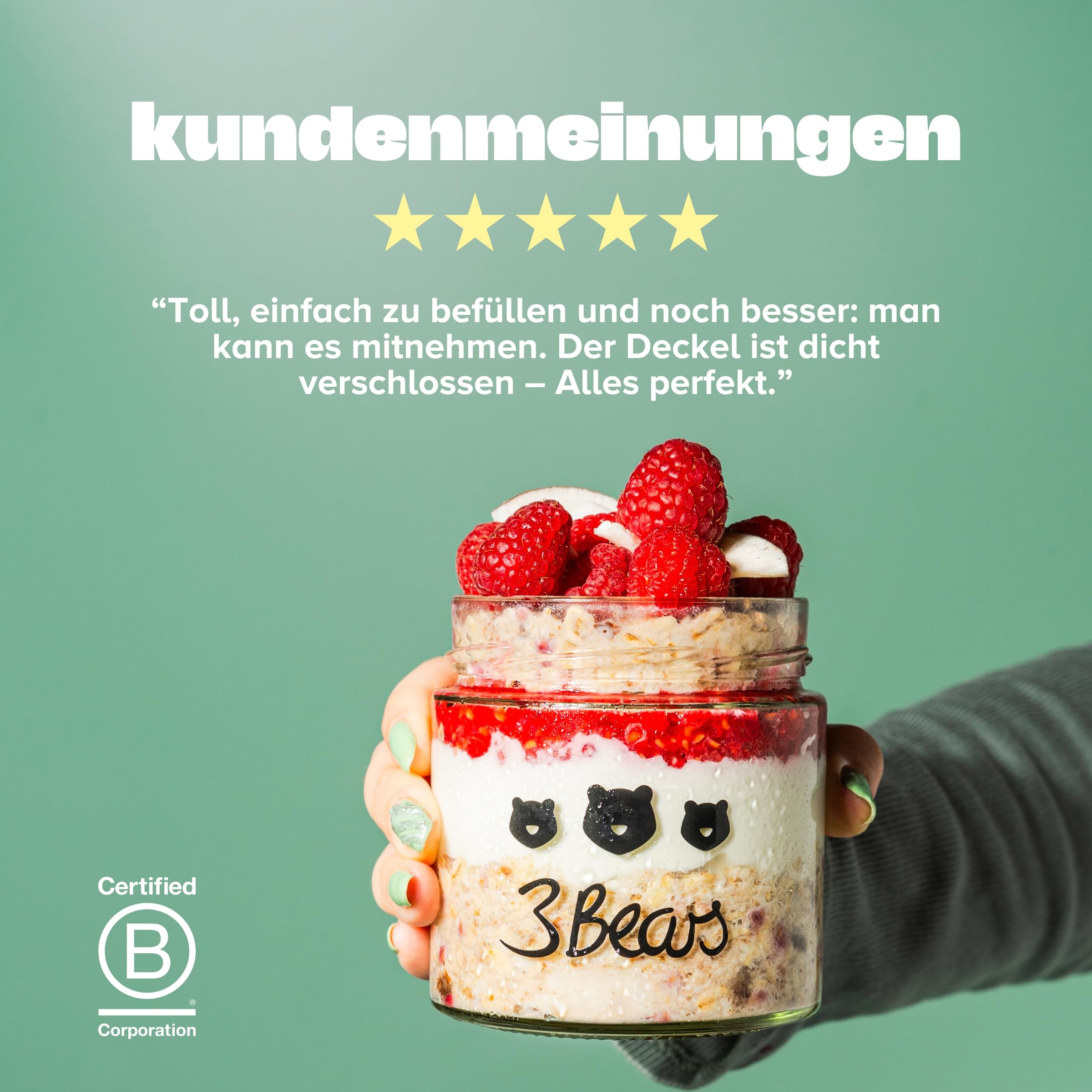 3Bears Overnight Oat Gläser-Set für echte Porridge Lover – Meal Prep Gläser mit Deckel für ein leckeres & schnelles Frühstück – mit praktischer Markierung für perfekte Overnight Oats - 3 Gläser