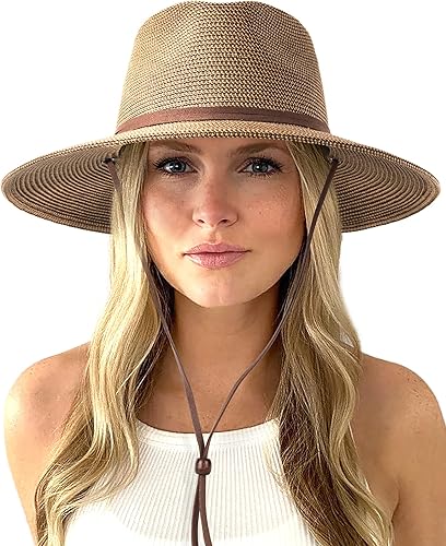 FURTALK Sombreros de paja de verano para mujer, sombrero de playa Panamá Fedora de ala ancha con cordón de viento UPF 50+