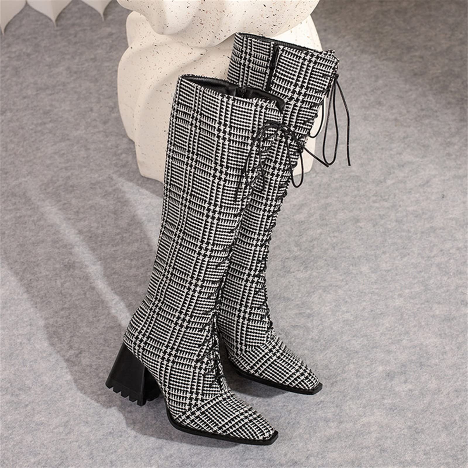 Botas de Vestir Rujer Botas largas de tacón Grueso con Cremallera Lateral con Cordones en la Parte Delantera Puntiaguda Estampado Leopardo para Mujer