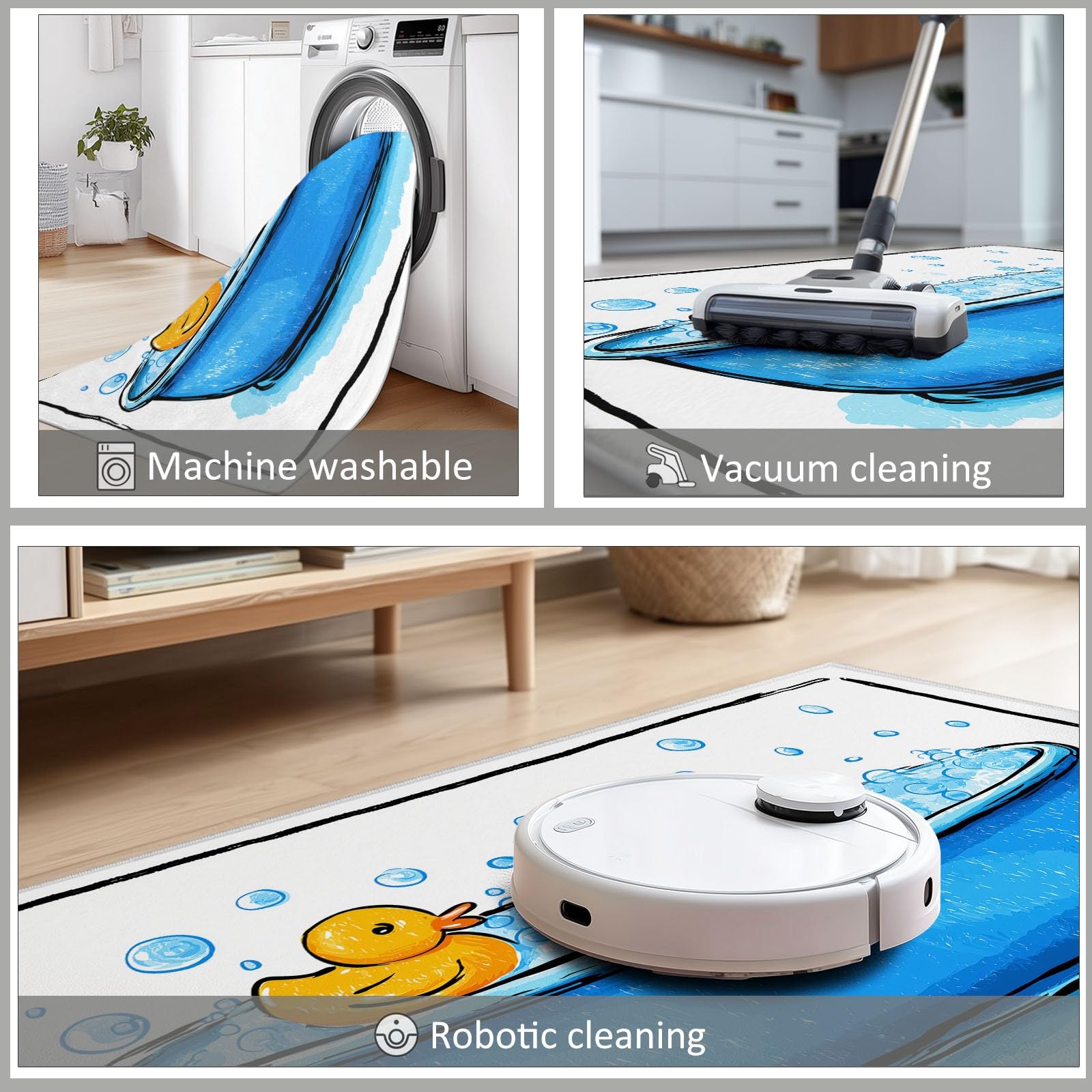 Tappeto Lavabile in Lavatrice Cartone Animato Anatra Vasca Da Bagno Schiuma 80 x 150 cm, Tappeti bordi rinforzati Antiscivolo resistente alle macchie, per Sala Casa Bagno Zerbino Assorbente Bianco