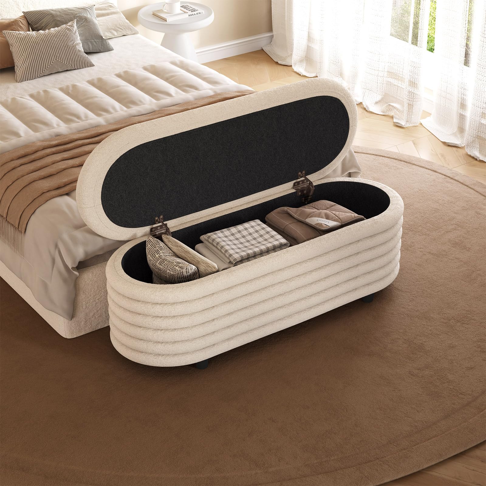 Guyii Sitzbank mit Stauraum aus Lammfellimitat – Beige Polsterbank fürs Schlafzimmer, Bettbank & Bank mit Stauraum – Weiche Sitzbank Schlafzimmersitzbank, Polsterbank mit Stauraum modern