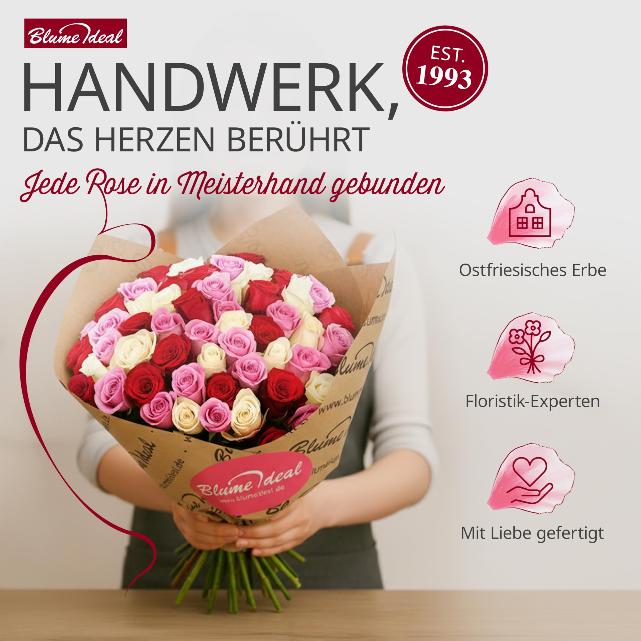 Blume Ideal Rosenstrauß - 40 Rosen - Rot - Ø 40–50 cm - Echte premium Blumen für Hochzeit & Deko - 7 Tage Frischegarantie - in verschiedenen Farben und Mengen