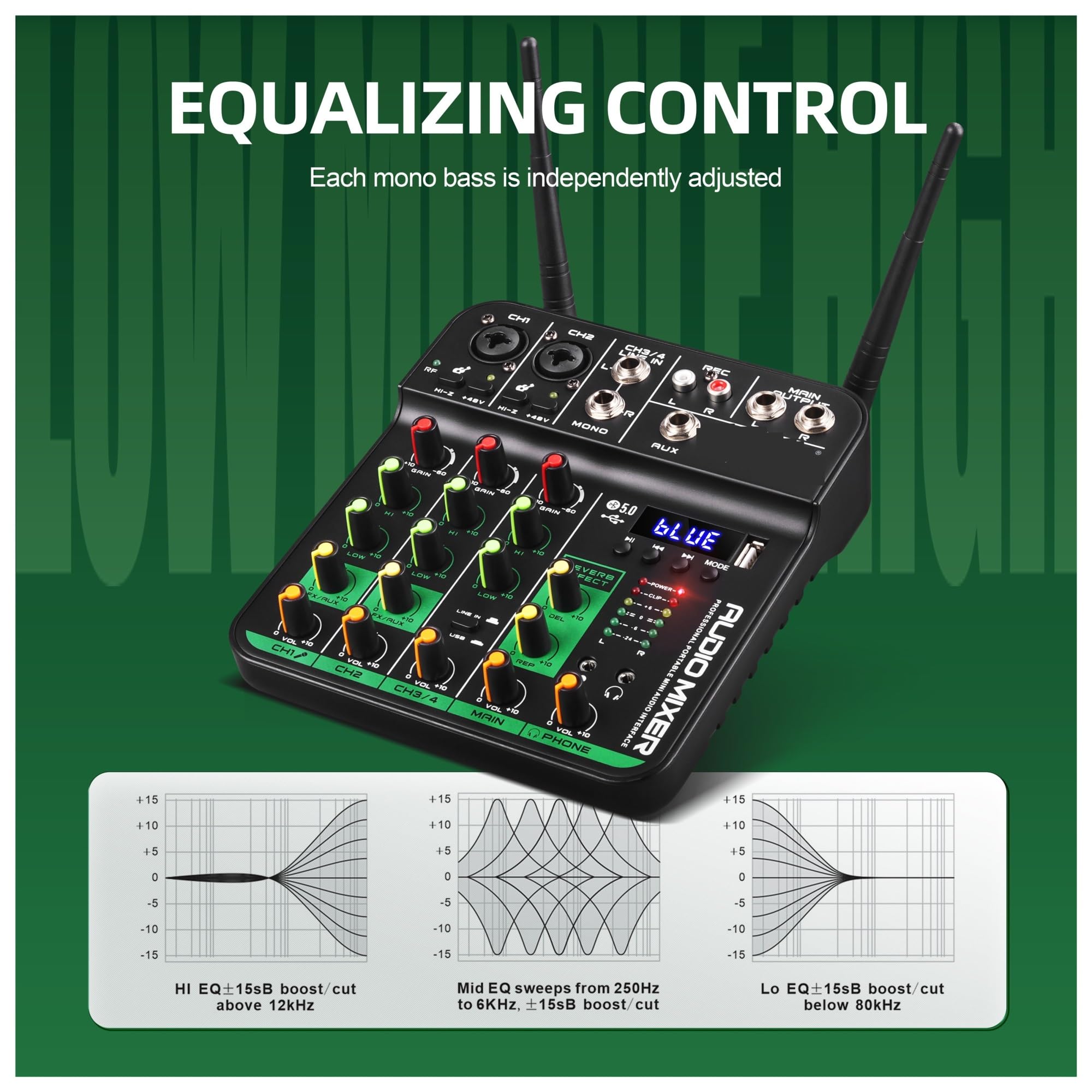 4 Kanäle Audio Mixer UHF Mikrofon Audio Interface Mischpult Bluetooth Record PC Delay Repaeat Effekt