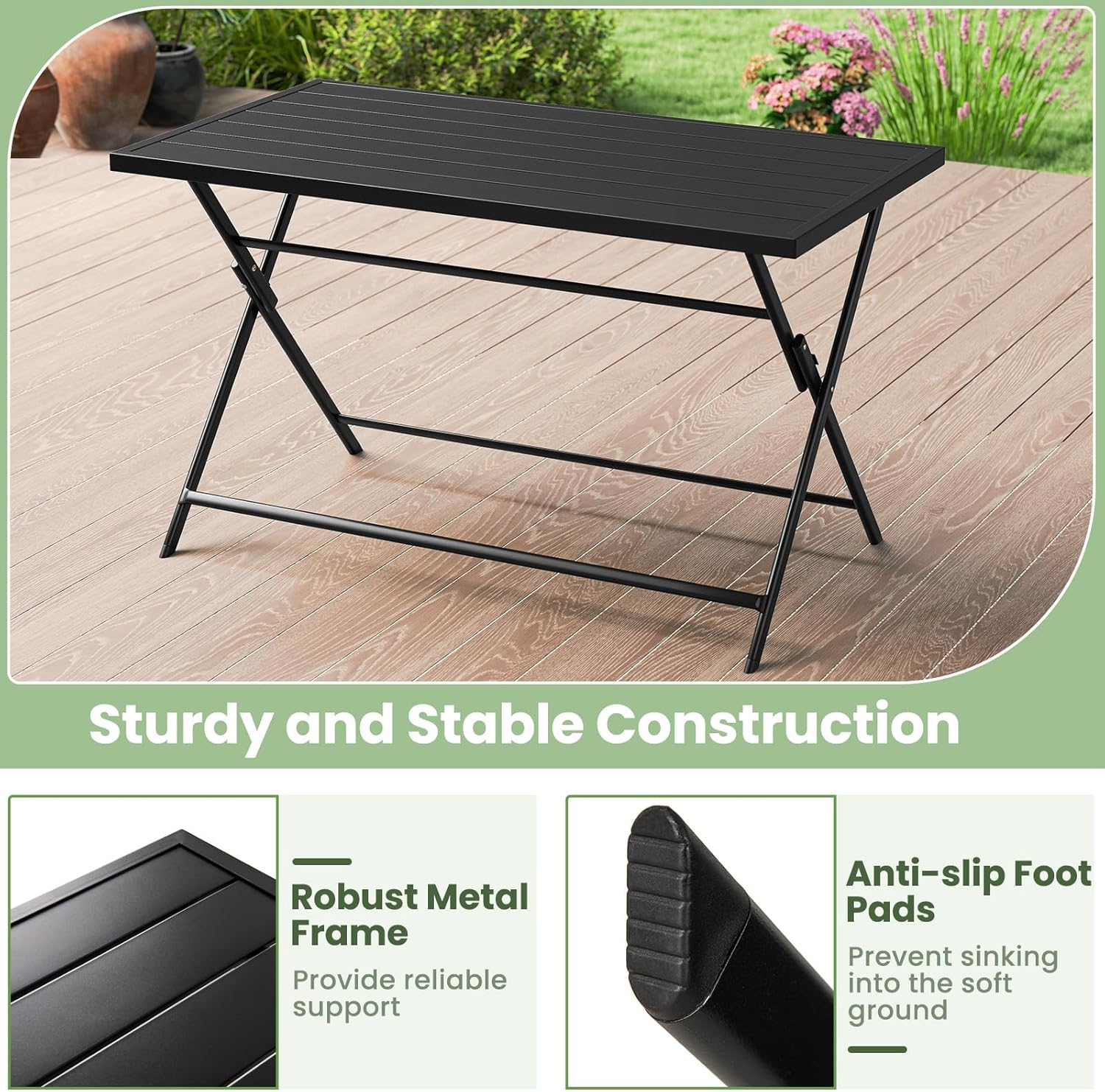 Tangkula 48" Foldable Outdoor Dining Table, Rectangular Metal Patio Table with Slatted Tabletop, Folding Bistro Barbecue Picnic Dinner Table for Indoor Kitchen Outside Garden Backyard Balcony Lawn