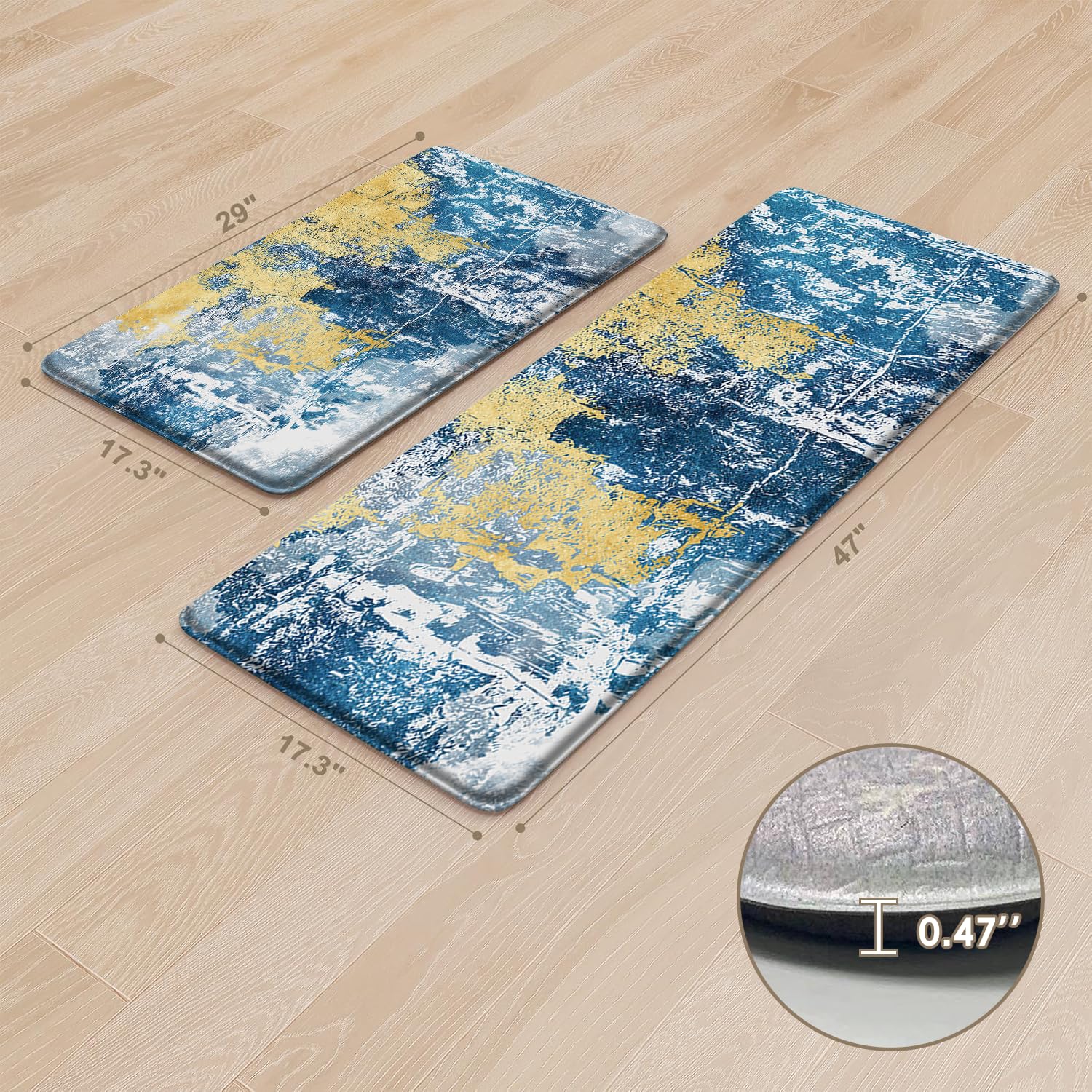 Blue Kitchen Mat Anti Fatigue Mats for Kitchen Floor Blue and Gold Retro Design Comfort Mats Non Slip Washable Padded Kitchen Rugs for Standing Long for Kitchen Dining Room,Office,Sink,Laundry