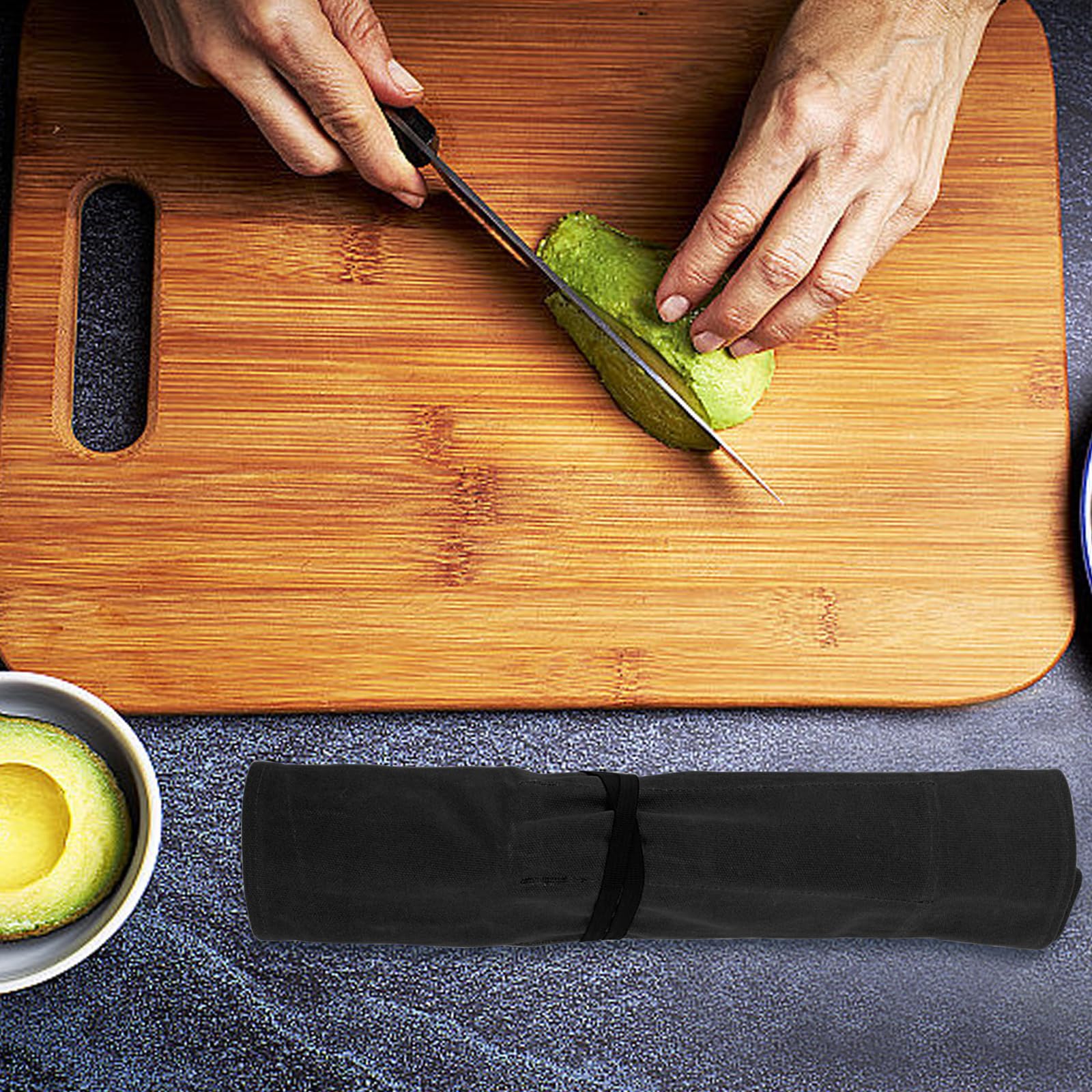 Borsa per coltelli, coltello da cucina con 8 scomparti per coltelli e cucchiai, in tela di cera, regalo per cuochi professionisti o appassionati culinari, Nero , 56 x 43 cm, Conservazione di