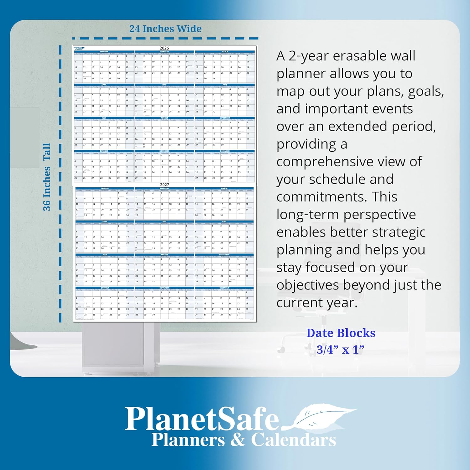 36" x 24" Vertical Full 2-Year Premium Dry-Erasable Wall Calendar 2026 & 2027 - Never ghosts or stains. Complete with Dry-Erase marker and eraser