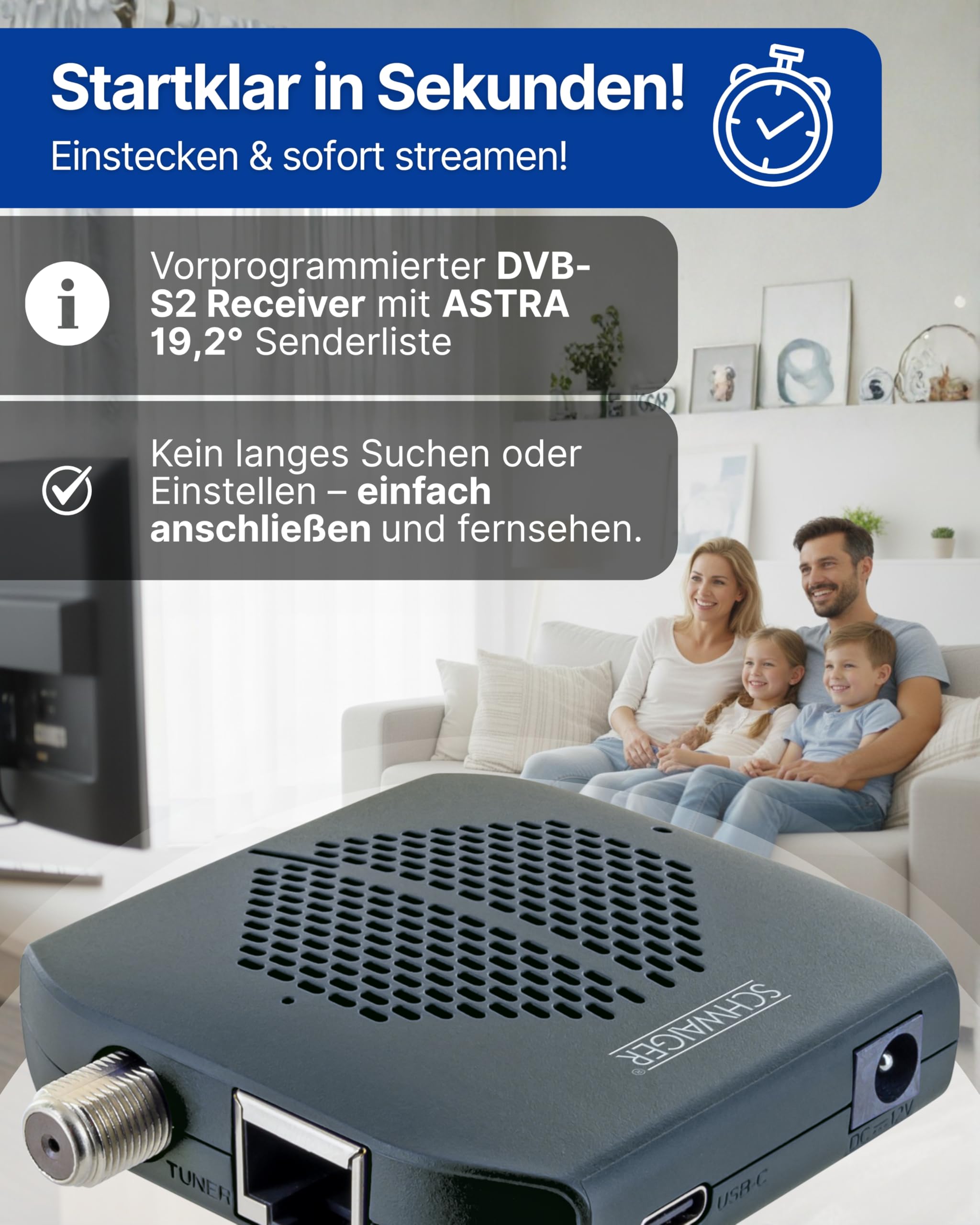 SCHWAIGER SAT Receiver I SAT-Dongle für Digitale Fernsehsignale per WLAN I kabelloses Streaming von Satellitenfernsehen per WiFi über TV2Smart App I drahtloser Satellitenempfänger für Fernseher