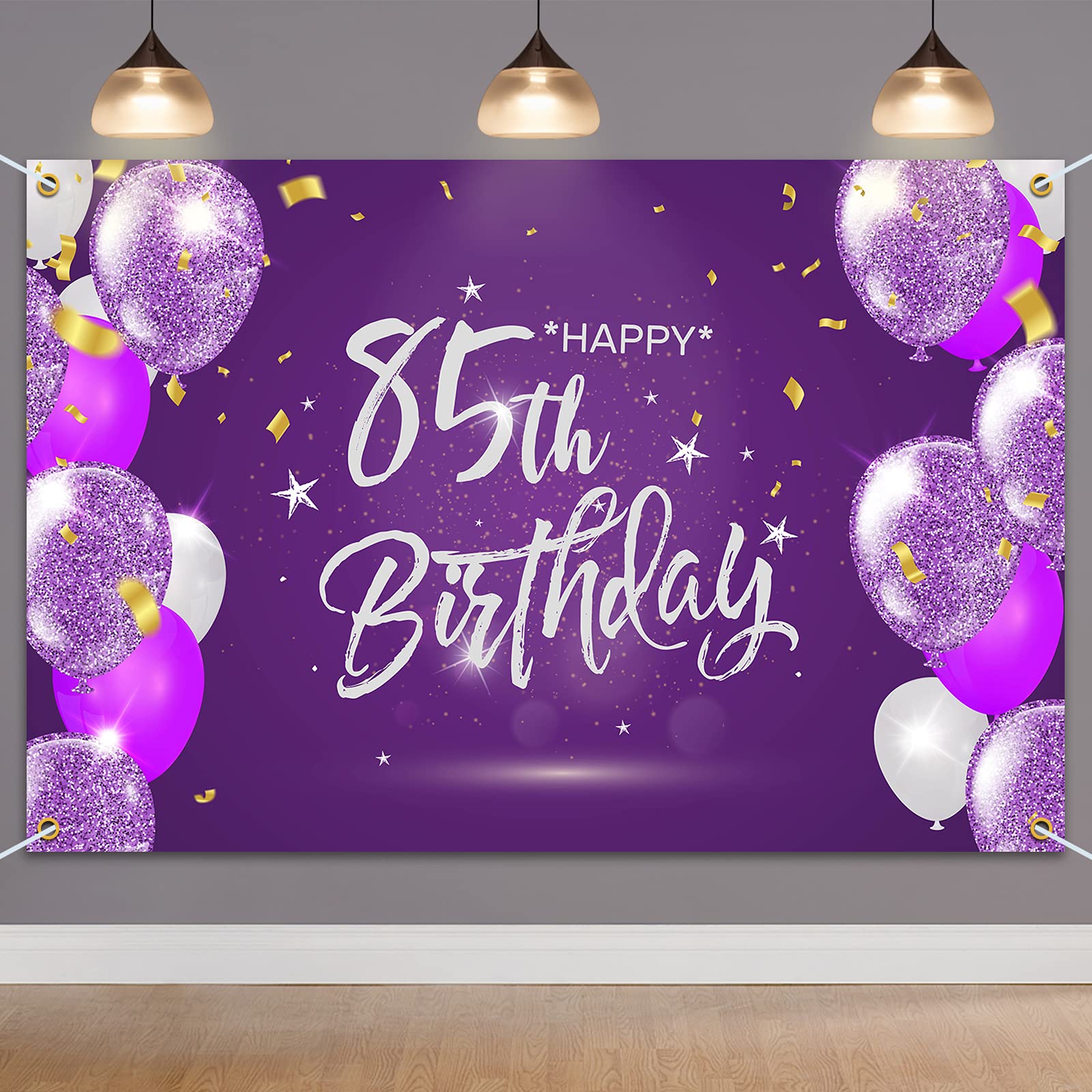 HAMIGAR 6x4ft Happy 85th Birthday Banner Backdrop - 85 Years Old Birthday Decorations Party Supplies for Women - Purple