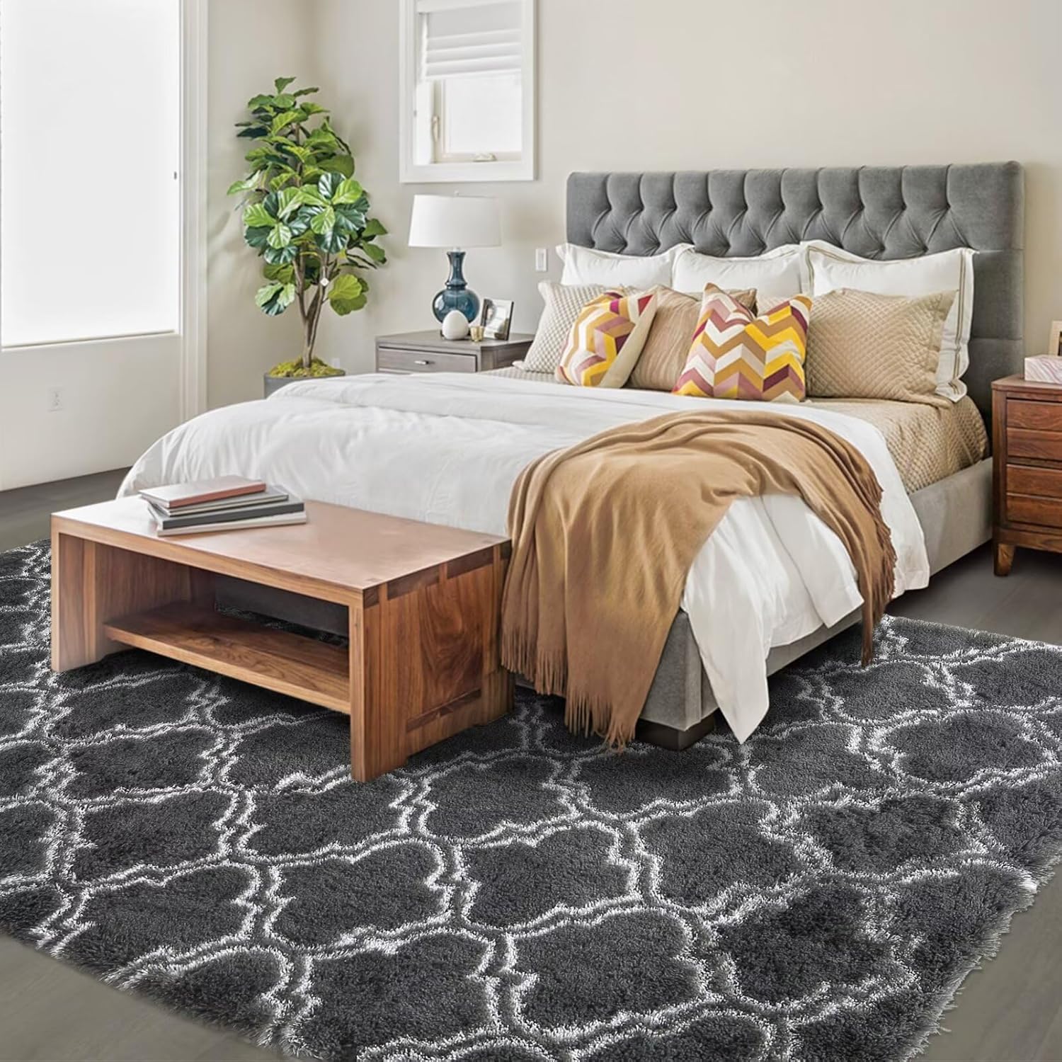 WESTLOOM Modern Plush Indoor Rug 5x8 Ultra Soft Shaggy Fluffy Carpet for Living Room Fluffy Trellis Nursery Rug Non-Slip Playing Mat for Kids' Bedroom Babys' Playroom Bedroom Dorm Trellis Dark Grey