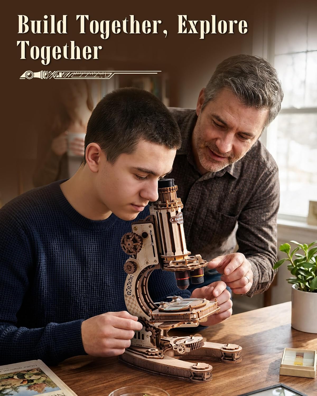 ROKR 3D Wooden Puzzle Microscope– 1:1 Replica with 40X-400X Magnification,Educational Science kit for Adults&Teen