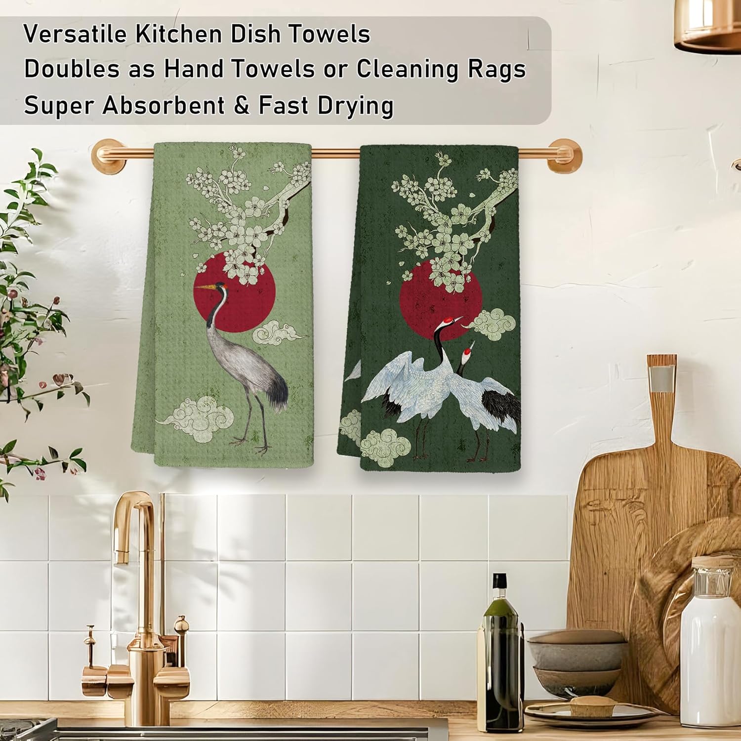 Japanese Crane Bird Kitchen Towels, Vintage Crane Green Hand Dish Towels Decor, Bird Lovers Gifts Tea Towel for Kitchen Decorative, Japanese Bathroom Decor, 16x24 Inch Set of 2 - Image 3