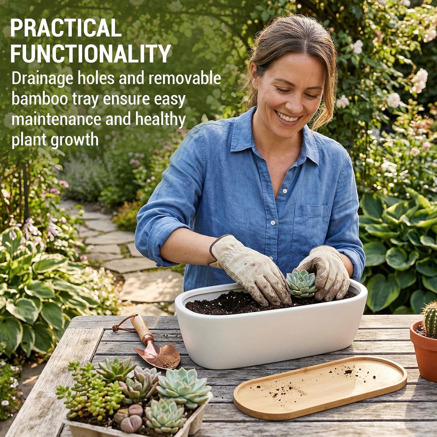 MyGift 14 Inch Oval Modern Matte White Ceramic Succulent Planter Pot with Drainage Hole and Removable Bamboo Saucer, Decorative Indoor House Plant Container for Flowers, Cactus, Herbs