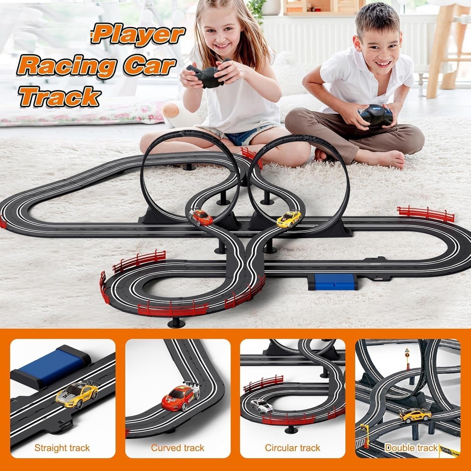 EXOMOON Electric High-Speed Slot Car Race Car Track Sets 1:43 Scale 2 Slot Cars and 2 Hand Controllers with Headlights and Dual Racing,Toys Gifts (790 cm) 1