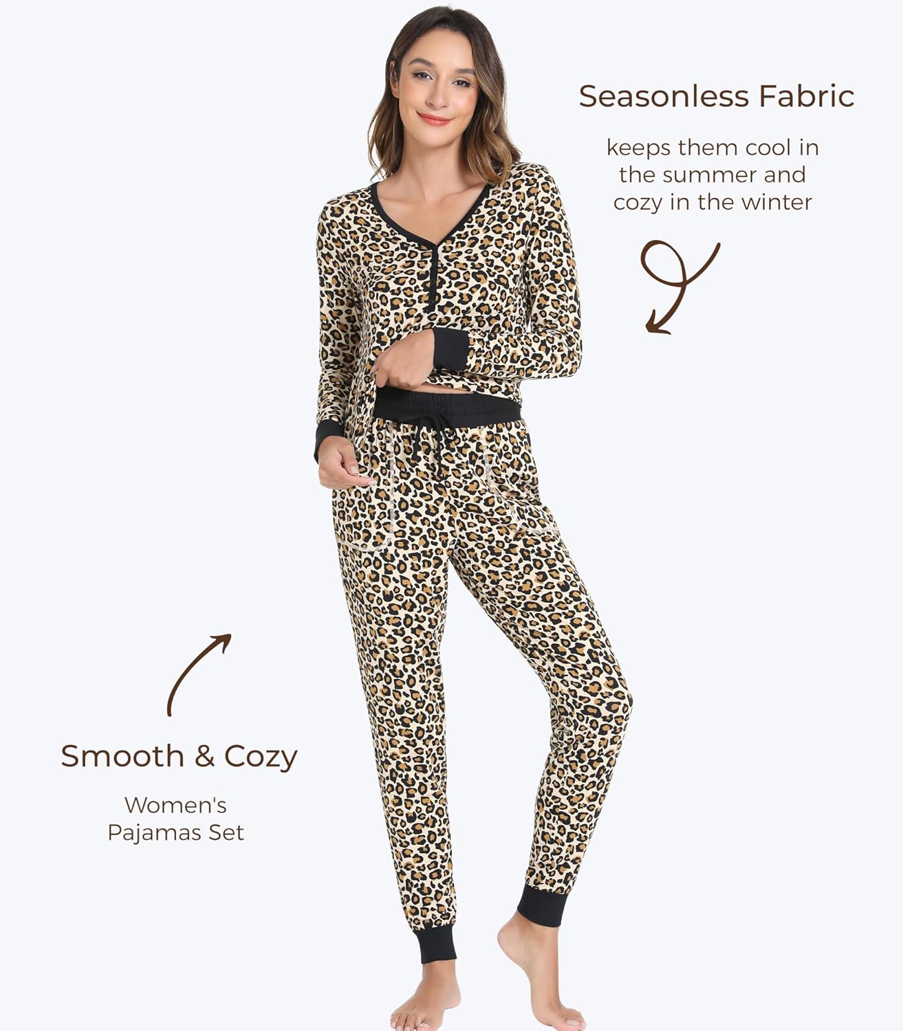 Women's Pajamas Set-Viscose Made from Bamboo,V Neck Long Pjs with Pants Cool Sleepwear Soft Loungewear with Pockets - Image 4