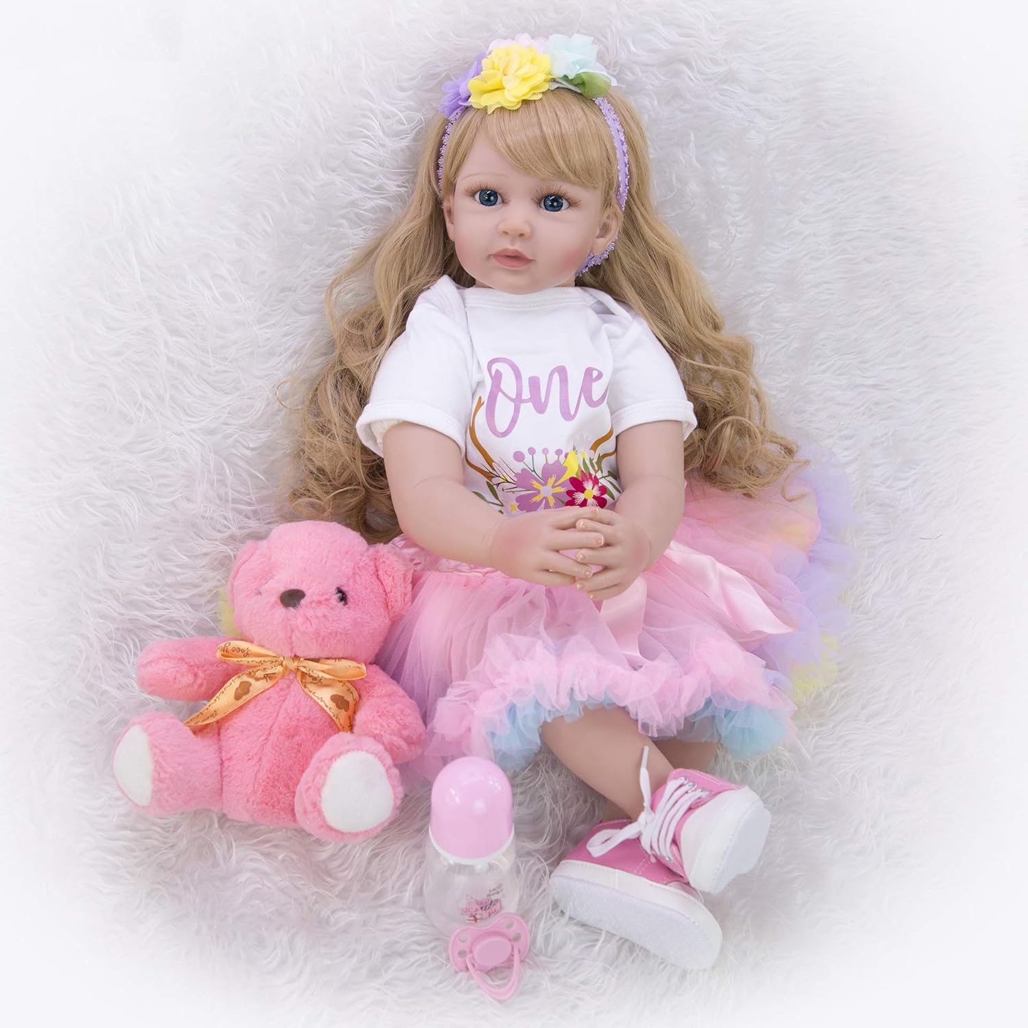 Dolls Toddler Reborn Baby Doll Princess 24 inch Sweet Face Looking Reborn Toddler Dolls Soft Body Snuggle Cuddle Doll with Dolls Accessories Curly Blonde Hair for Gifts