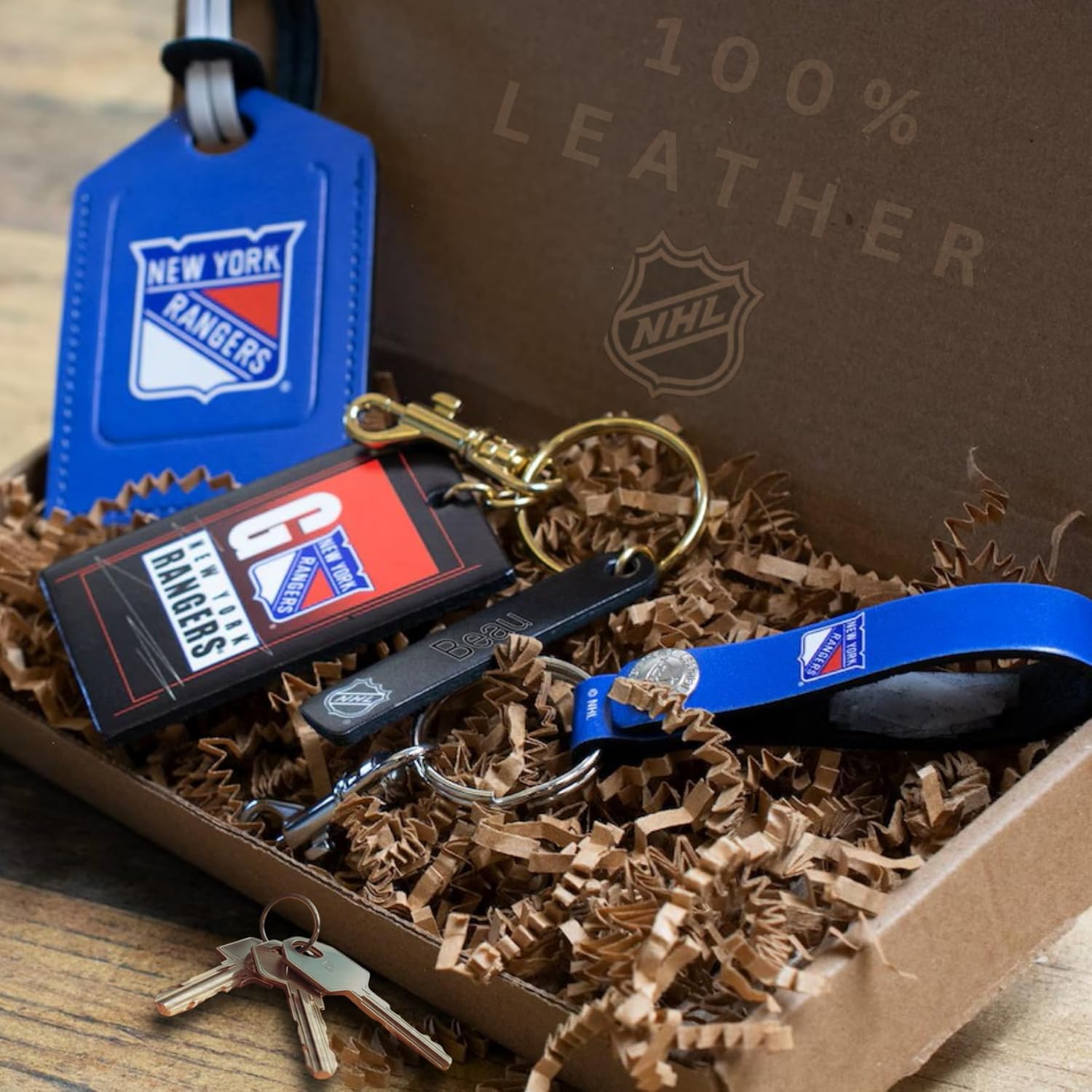 NEW YORK RANGERS PERSONALIZED Licensed NHL Three Piece Leather Gift Pack with Tag