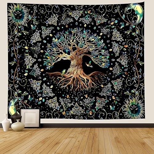 Miniatura 5 de Tapiz de árbol de la vida de fase lunar, naturaleza, flores, plantas, mariposas, tapices bohemios, mandala espiritual, tapiz estético para colgar en