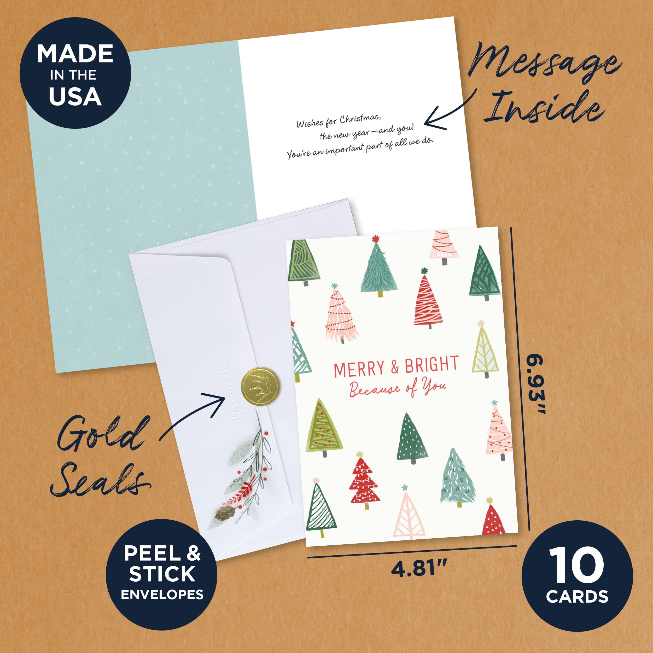 Hallmark Business Lot de 10 cartes de Noël pour employés et employés (arbres colorés joyeux), 12,7 x 17,8 cm, message à l'intérieur, enveloppes incluses