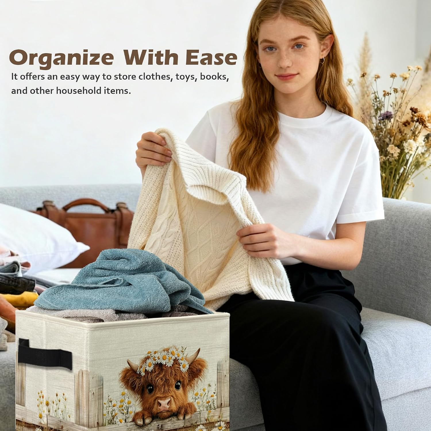 Rustic Daisy Highland Cow Storage Box Bins, Highland Cow Lover Gifts Collapsible Storage Basket Organizer for Nursery Bedroom Laundry Room Home Clothes Books, Decor for Room image 5