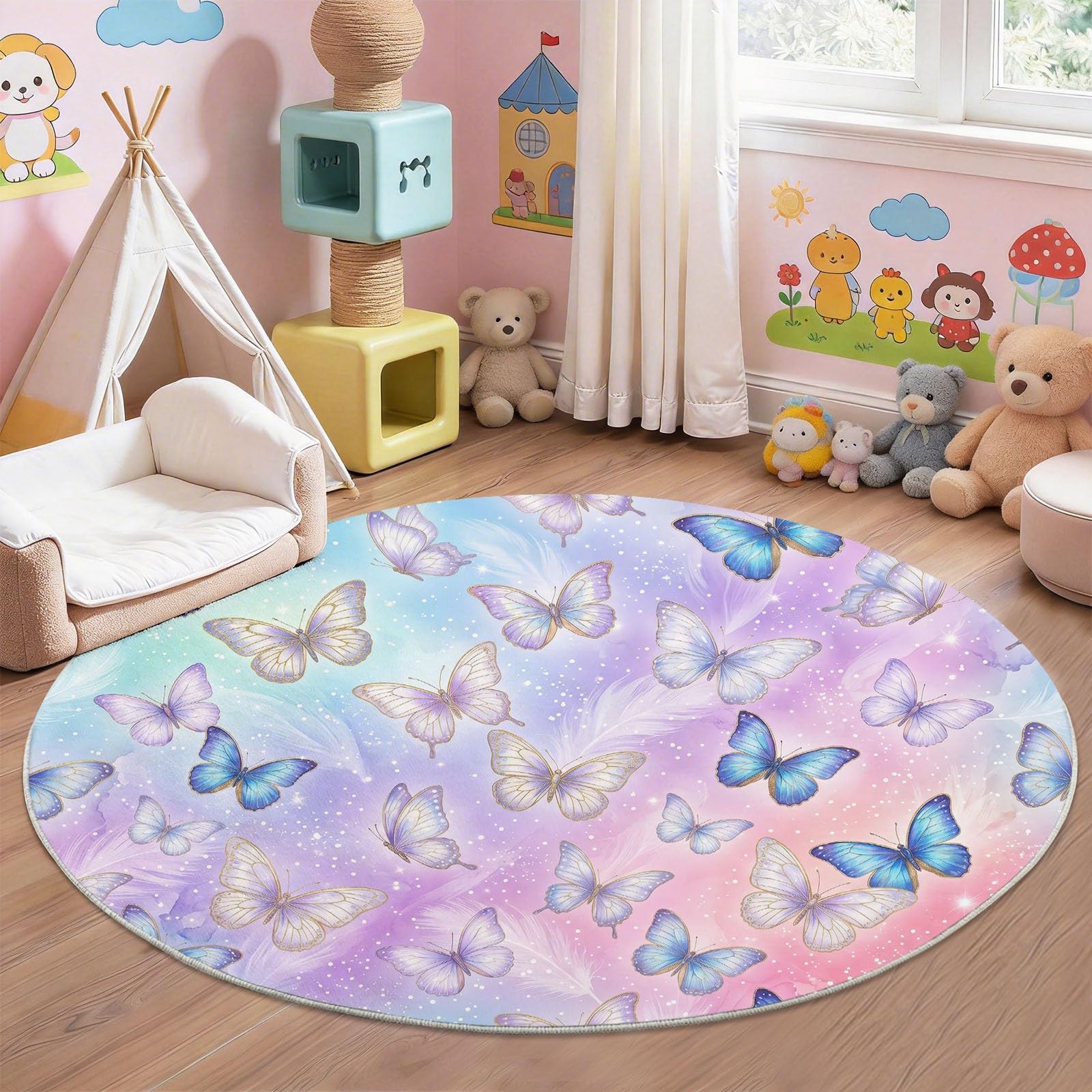 Tappeto rotondo per soggiorno, 120 cm, blu, rosa, morbido, antiscivolo, lavabile, con farfalle in stile moderno, adatto per bambini e animali domestici, per camera da letto, stanza dei giochi