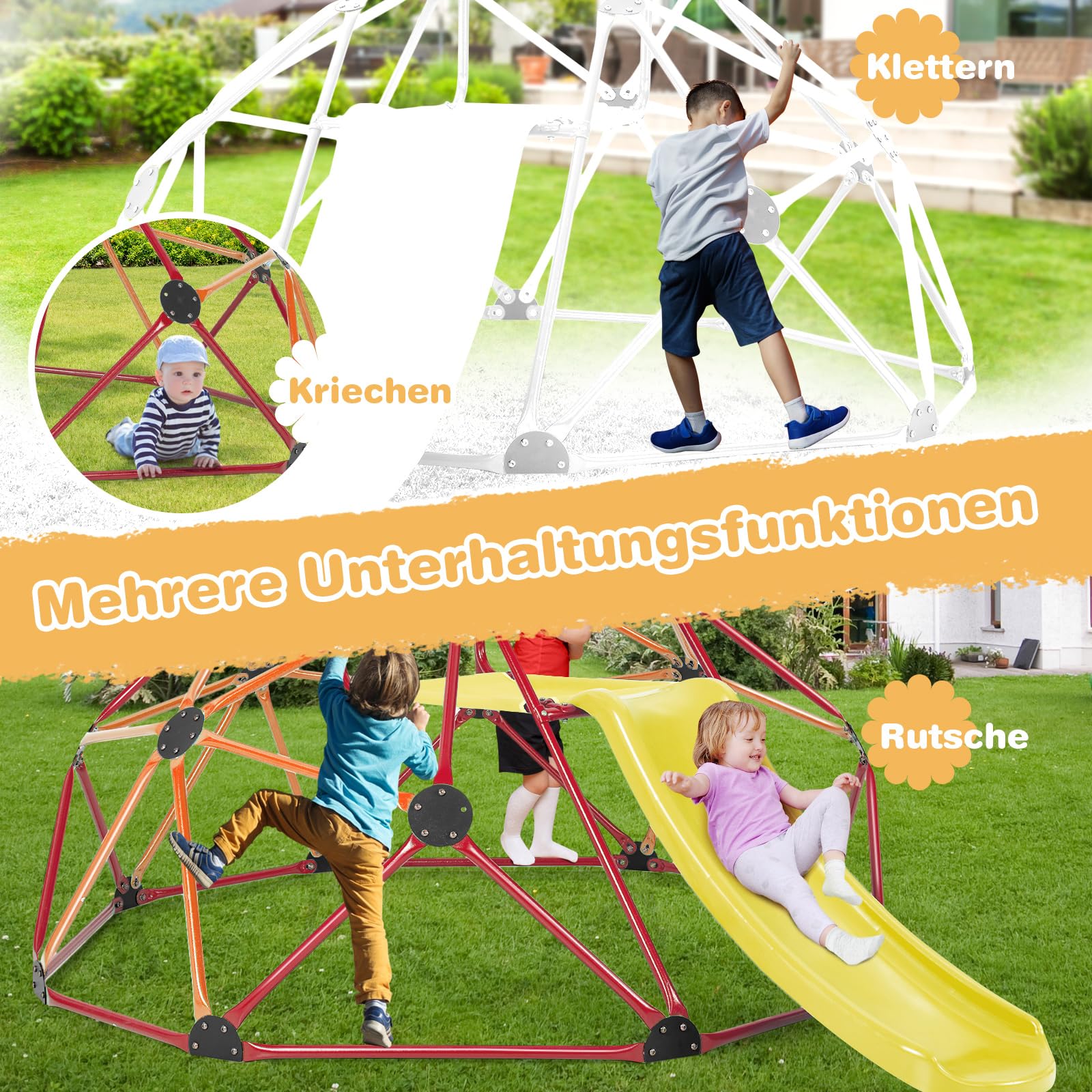 GOPLUS Struttura da arrampicata, torre da arrampicata con scivolo, cupola da arrampicata con piattaforma in tessuto e bordi lisci, struttura per gattonare e arrampicata, parco giochi per bambini a