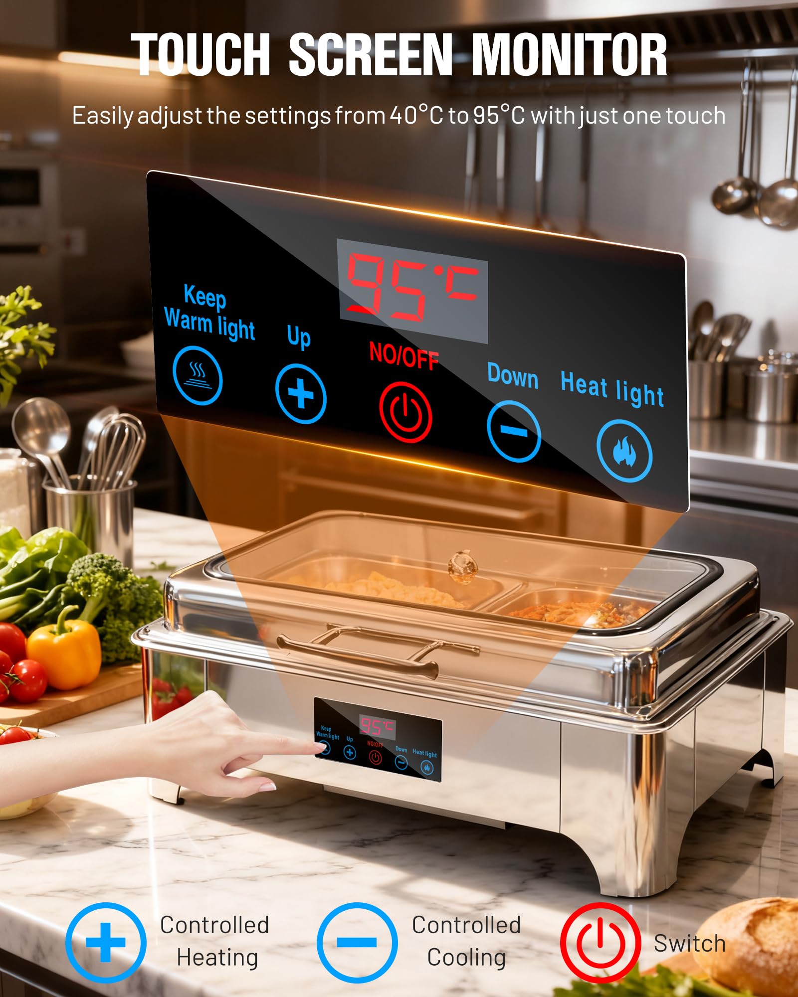9L Chafing Dish Buffet Elettrico con Coperchio in Vetro Scaldavivande in Acciaio Inox Vassoio di Contenitore Riscaldamento e Freddo per Buffet Catering Ristoranti Feste Matrimoni