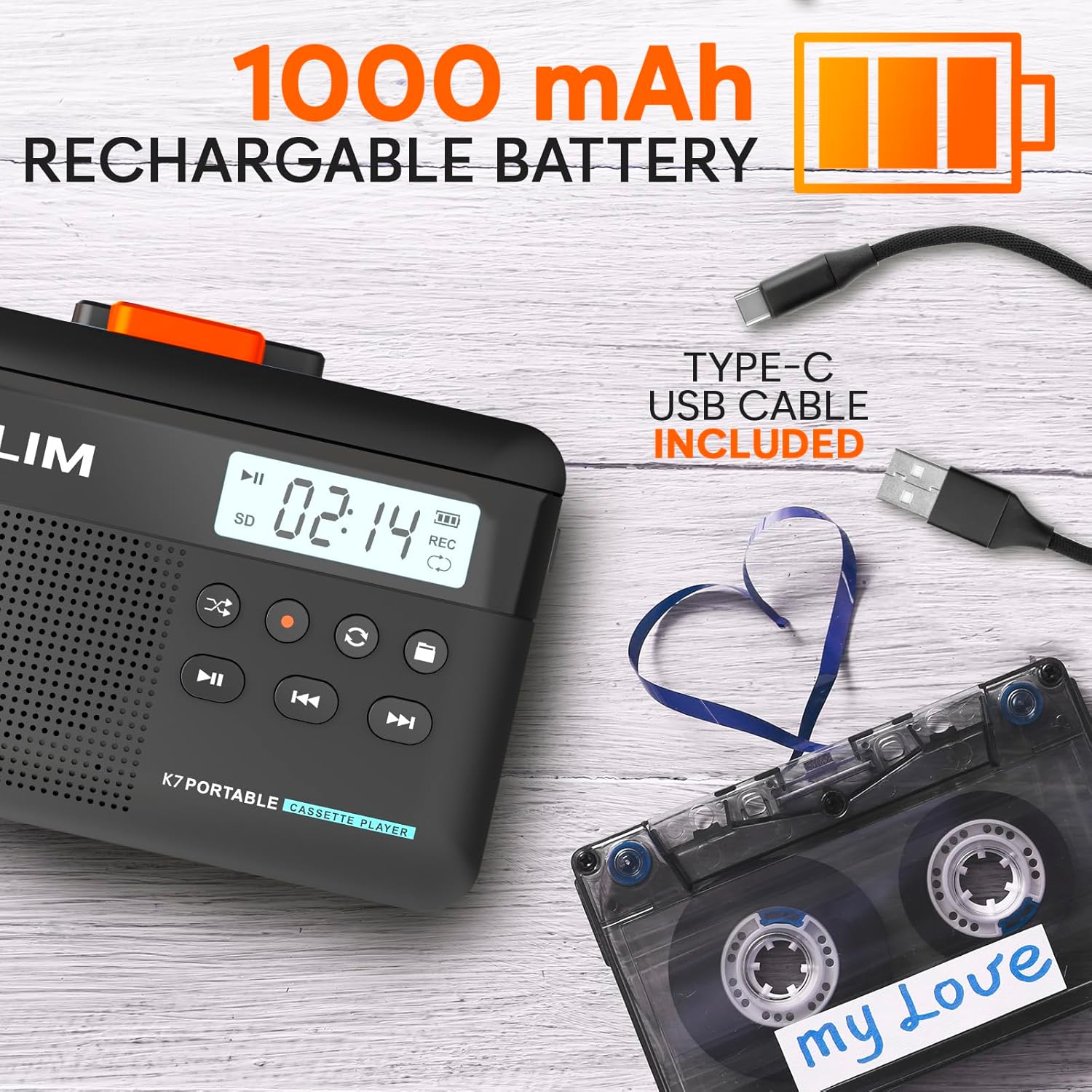 KLIM K7 Cassette Tape Player - Cassette to MP3 Converter - Portable - Built-in Microphone & Speaker - Rechargeable Battery - Earphones - 16GB SD Card - Black-Orange