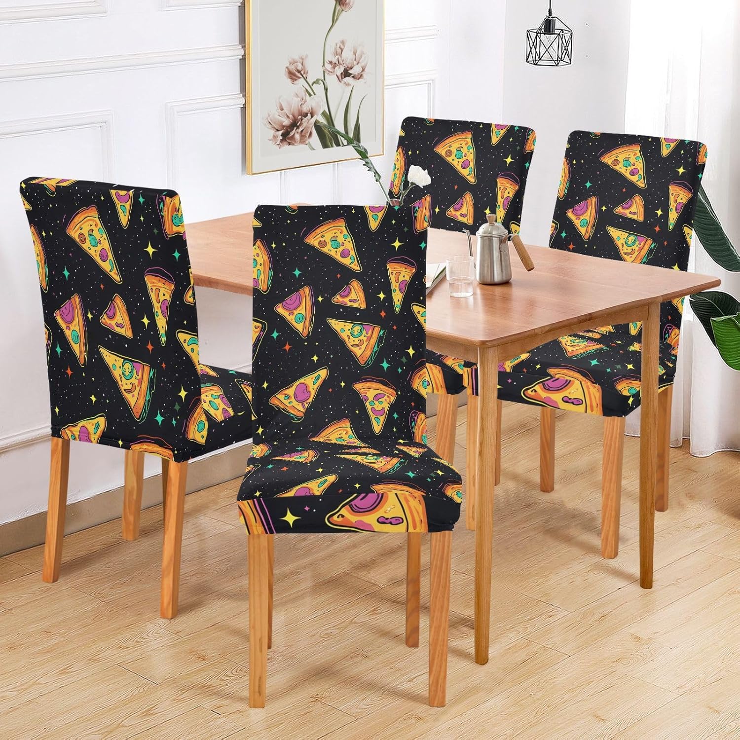 ALAZA Chair Covers for Dining Room, Psychedelic Pizza Pattern Stretch Chair Cover Sets Chair Protector Removable Washable for Ktichen Restaurant Hotel